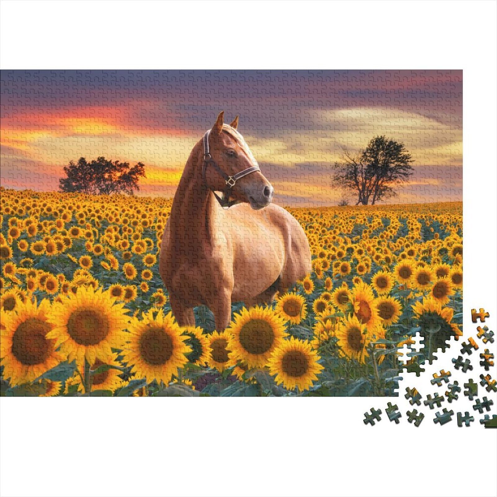 Sunflower Field 1000 Pcs 3-Layer Cardboard Horse in Sunset Style Jigsaw, Brain Training, Stress Relief, Wall Decor & Office Break Gift 70x50cm/1000pcs