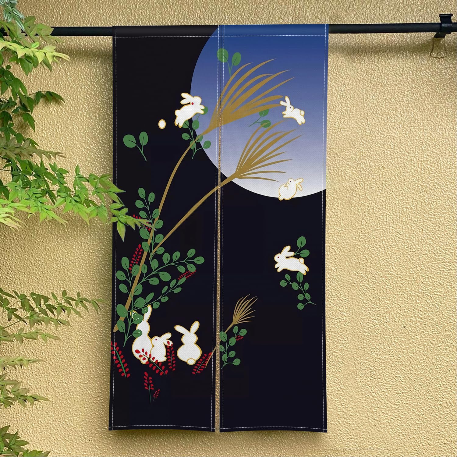 Amazon｜Qinunipoto 暖簾 可愛い 兎 十五夜 中秋節 月 のれん シンプル