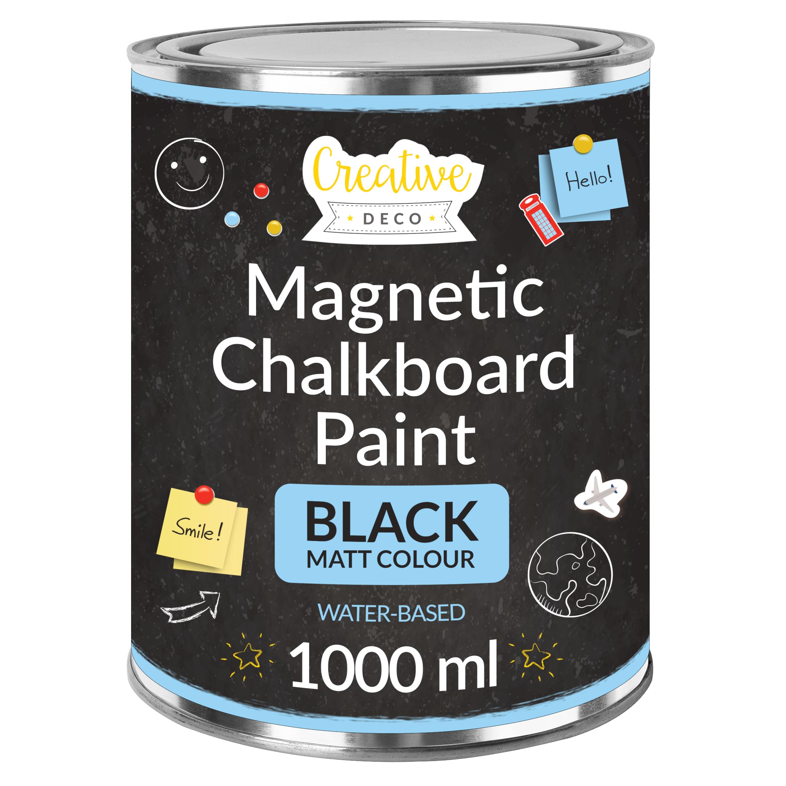 Creative Deco 1L Magnetic Paint BlackBoard ChalkBoard Paint | Matt Black Board Chalk Writing Drawing Attaching Magnets | Contains Metal Dust | Water-Based Non-Toxic | High 2m² Efficiency with 3 Coats