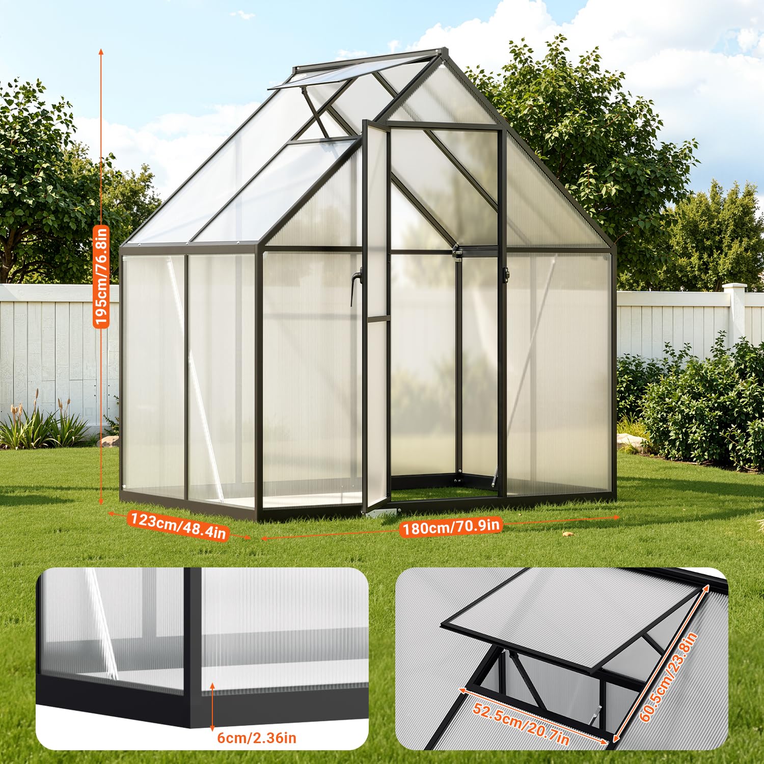 Aluminiowa szklarnia z oknem i metalowym uchwytem, 123 x 180 x 195 cm, wzmocnione żelazne narożniki, odporna na grad i zimę, twarda płyta PC, szklarnia do ogrodu, na balkon, taras, czarna