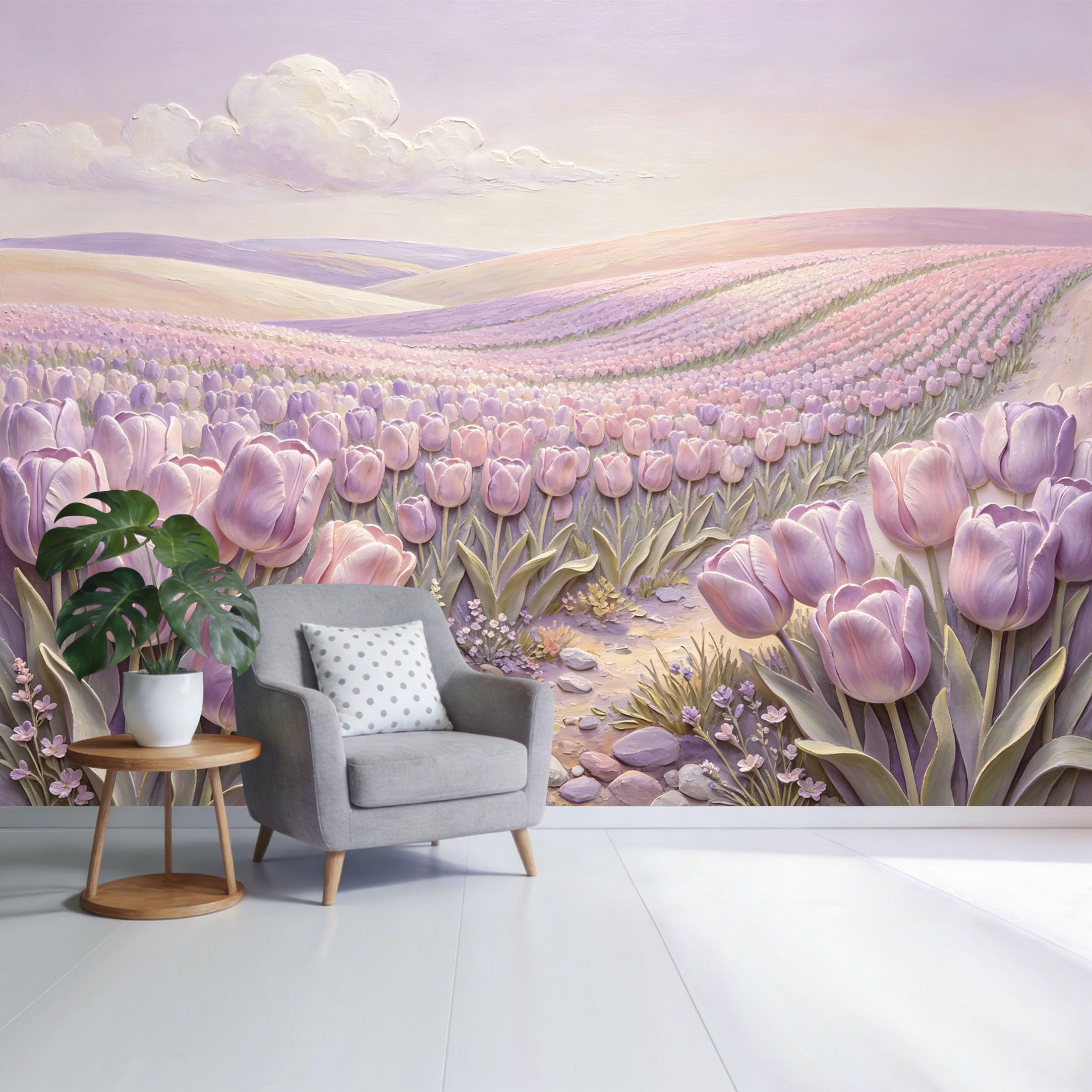 Custom Size Wall Mural Lavender Tulip Field Landscape Pastel Flower Meadow Sunrise Botanical Oil Painting SelfAdhesive Wall Fabric Removable Wallpaper for Home Office Decor
