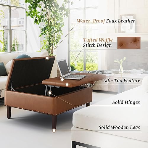 Miniatura 5 de Mesa auxiliar otomana de almacenamiento, otomana cuadrada de lino de 36 pulgadas con almacenamiento, banco de remaches de almacenamiento grande para