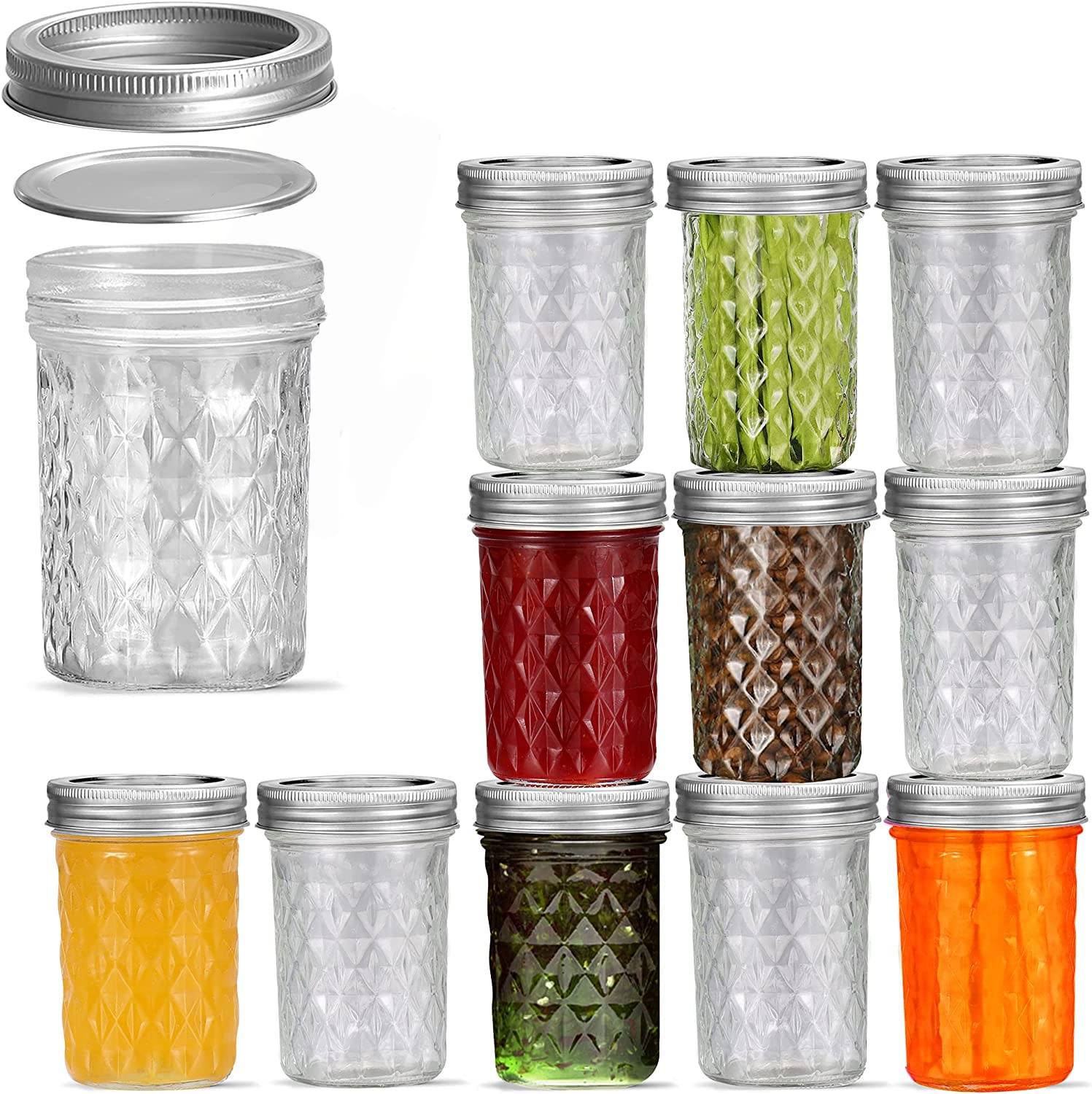 SYOSI Mason Jars with Lids and Bands, Regular Mouth Mason Jars, Jars Ideal for Jams, Jellies, Conserves, Preserves, Fruit Syrups, Chutneys, and Pizza Sauce (16, Diamond, 12, Mason Jars)