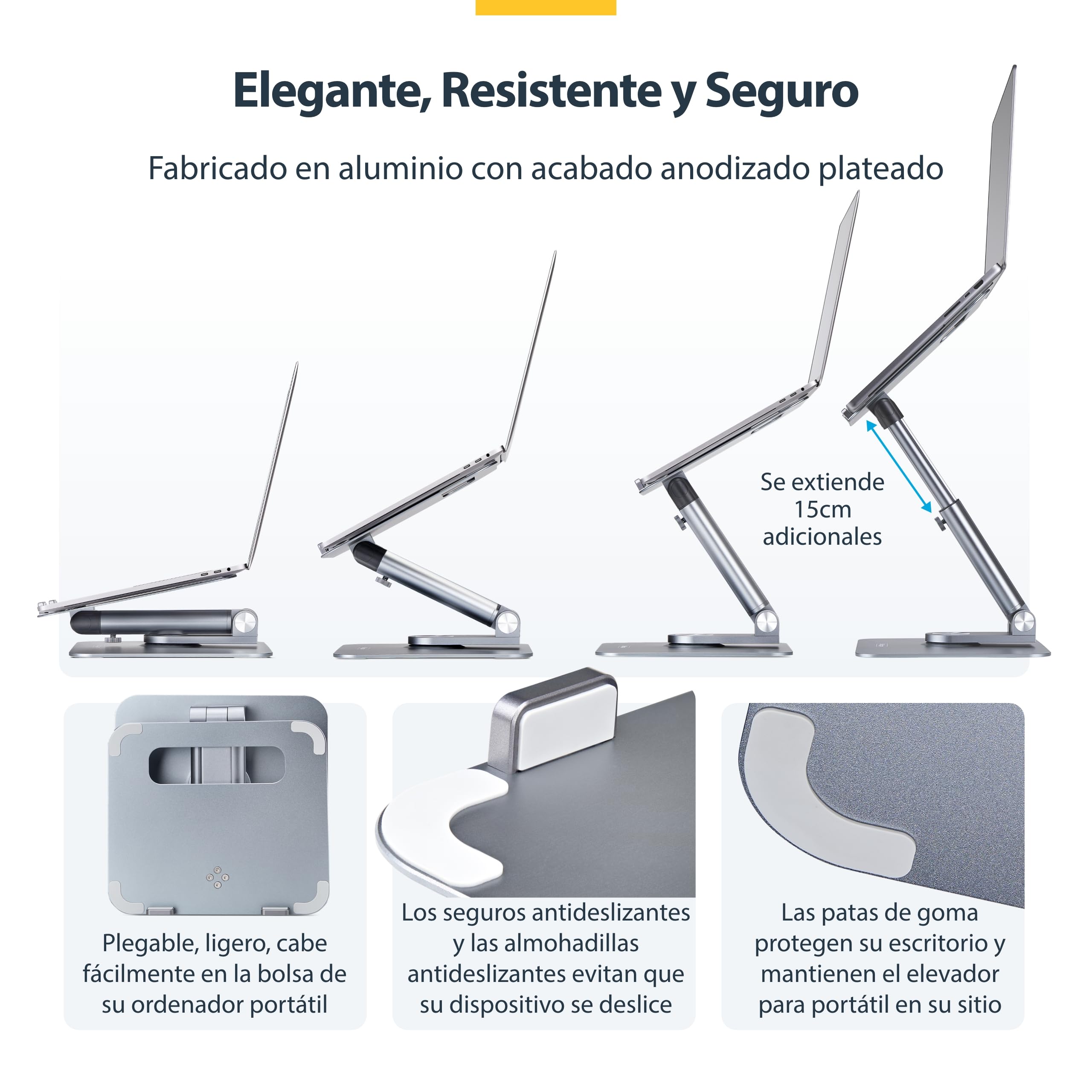StarTech Soporte Telescópico para Portátil, Giratorio 360, Ajustable | Bandeja de aluminio ventilada, Plegable y ligero 1, 7kg, Base 23, 5x26cm