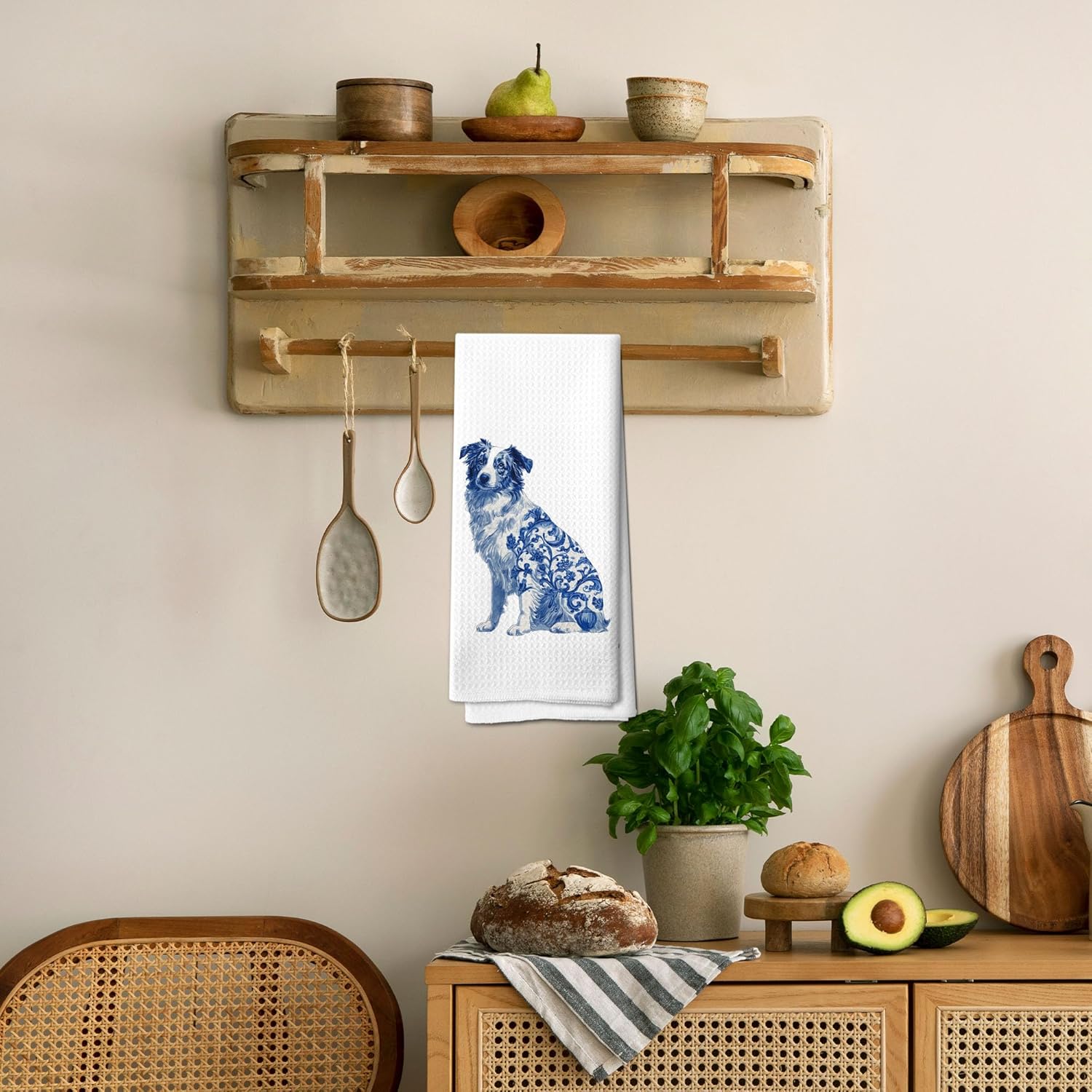 Funny Australian Shepherd Kitchen Towel, Funny Kitchen Decor, Dog Mom Dad Lovers Gifts, Blue and White Grandmillennial Dog Decorative Hand Towel 16x24 Inch - Image 5