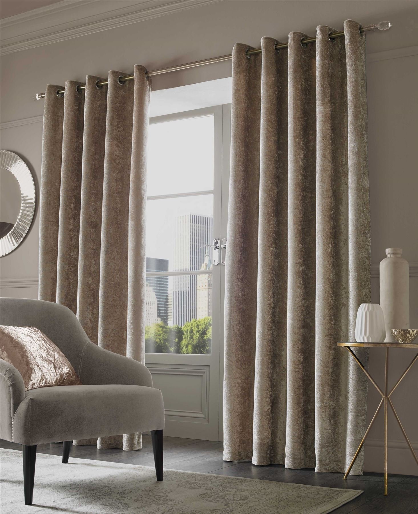 Olivia Rocco Luxury Crushed Velvet Eyelet Curtains, Designer, Fully Lined Ring Top Curtain Pair, Champagne, 66"x 72"