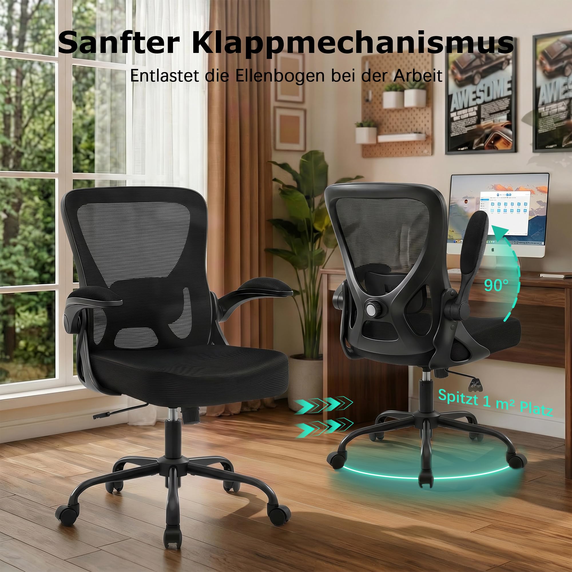 Ergonomischer Bürostuhl mit hochklappbaren Armlehnen, Schwarz