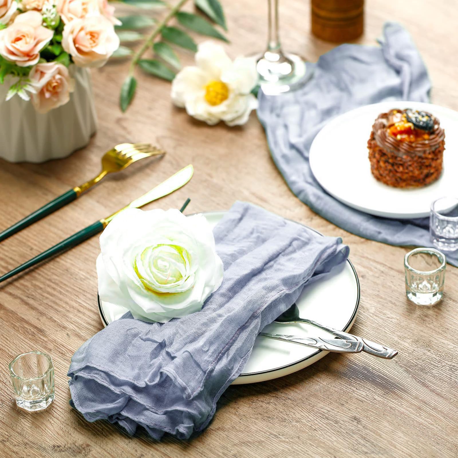Lot 6 Serviettes De Table En Coton-Gaze Vert Sauge 42x42 Cm - Franges Artisanales, Mariage & Quotidien
