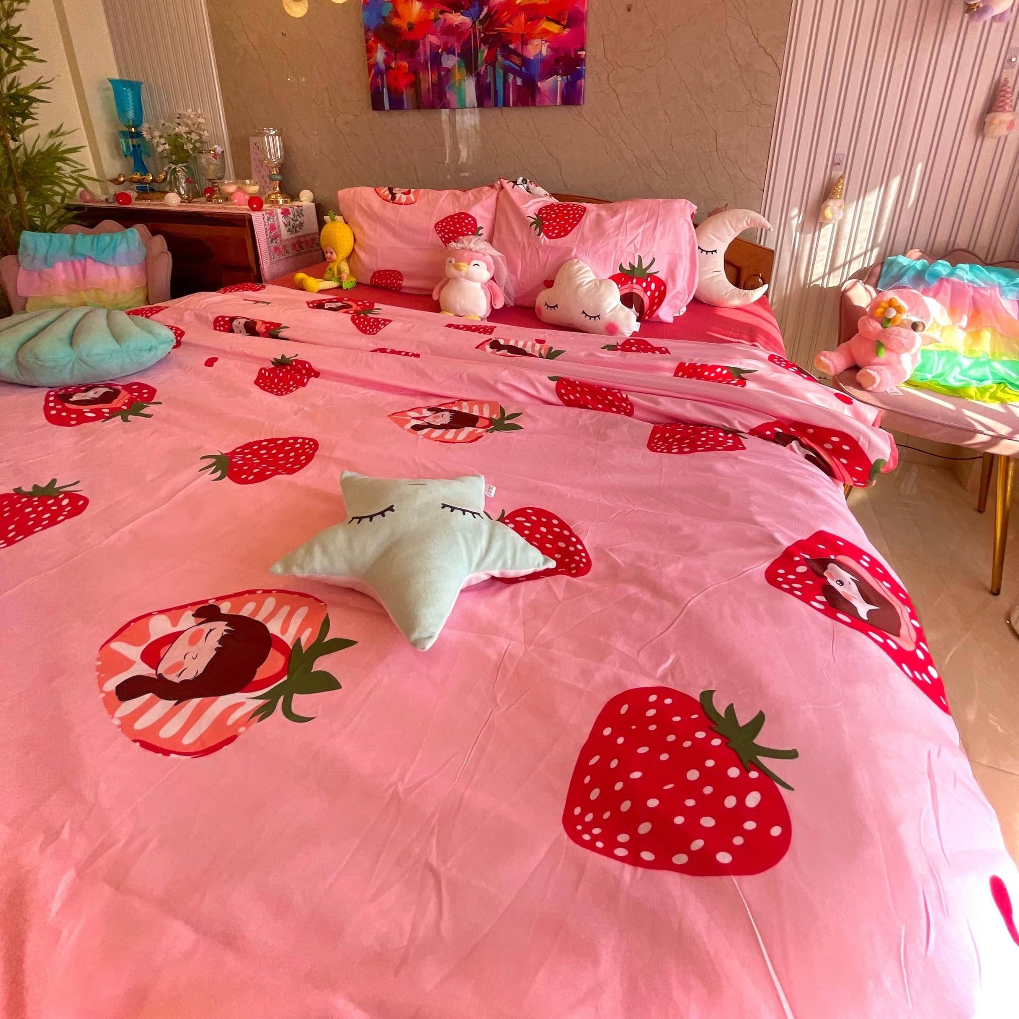 King-Size Bedding Set (4pc) – 250 TC Fitted Bedsheet 72x78 in, 2 Pillow Covers, Comforter Cover (Cute Strawberry, Pink & Red)-image-25