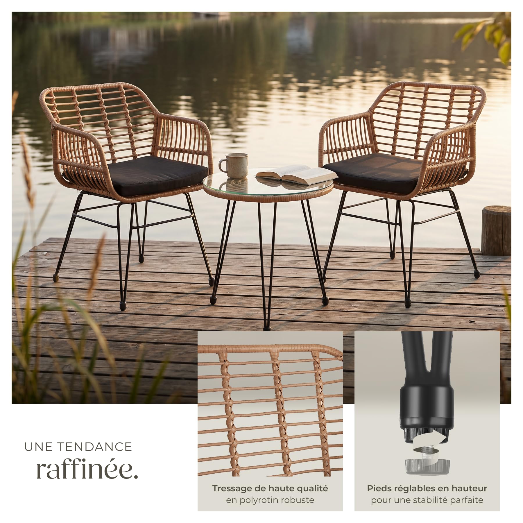 tectake® Salon de Jardin Extérieur en Poly Rotin Set de 3 pcs, Ensemble 2 Fauteuils Salon et Table de Jardin avec Plateau en Verre de sécurité, Coussins Amovibles Inclus, Amenagement Balcon Terrasse