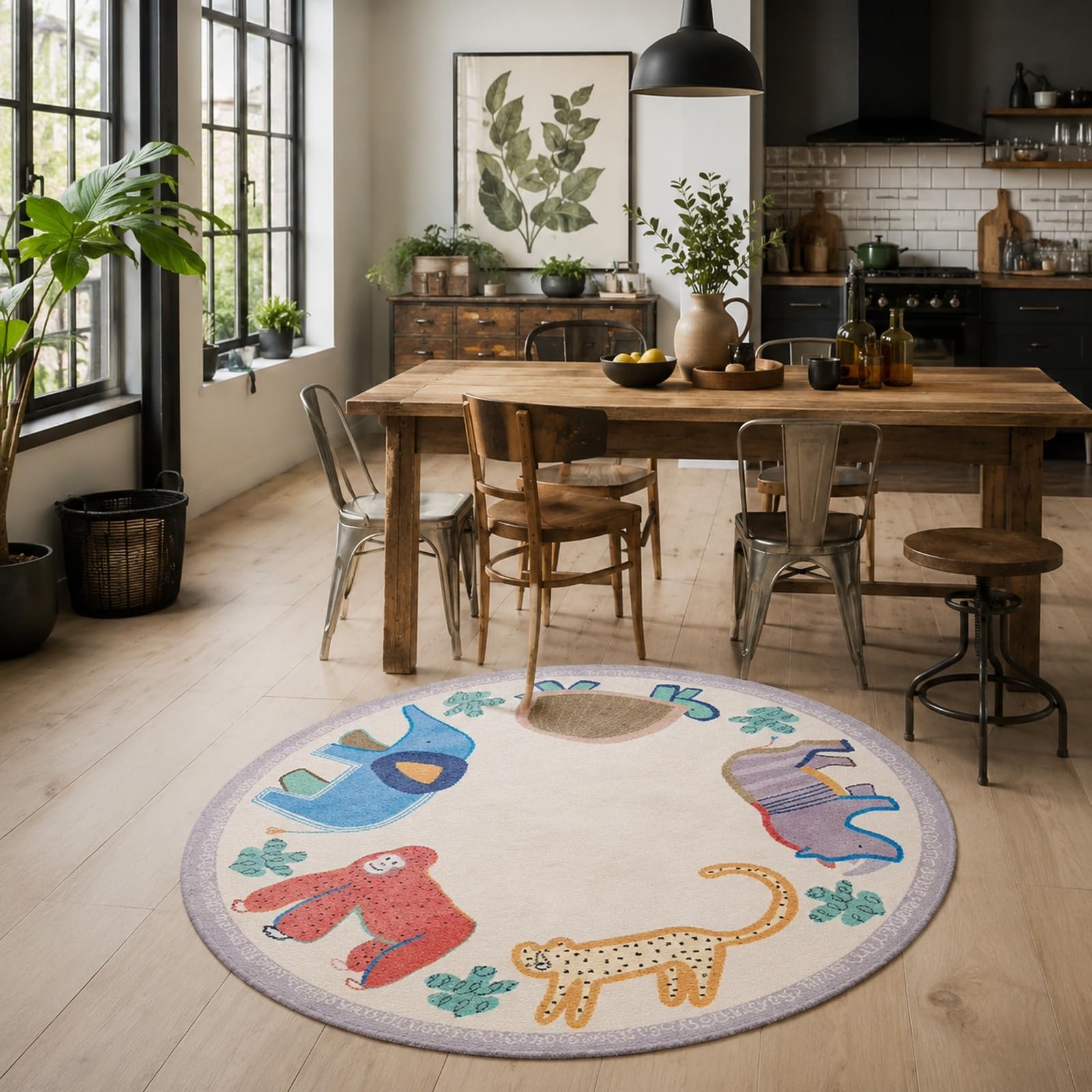 Tapis entrée intérieur rond et coloré pour une cuisine accueillante