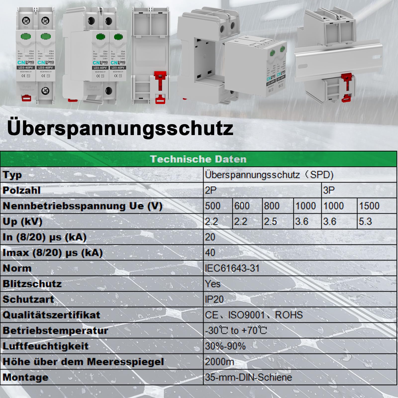 CNLONQ 2 Stück DC Überspannungsschutz PV Anlage DC1000V 2P 20kA/40kA 2P T2 Überspannungsableiter Blitzschutz Für Solar-Photovoltaik 35mm DIN-Schienenmontage