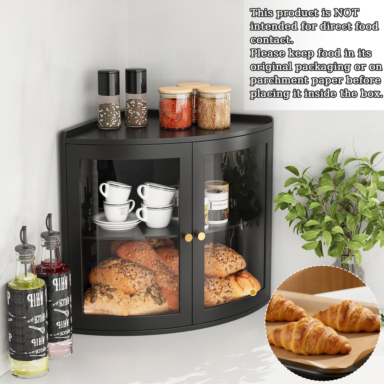 VEDECASA Bambus-Eck-Brotkasten für Küchentheke, 2-lagig, große Kapazität, Brotkasten mit transparenter Acryltür, platzsparende Arbeitsplatte, Brotaufbewahrung für hausgemachtes Brot, schwarz, 31 x 31