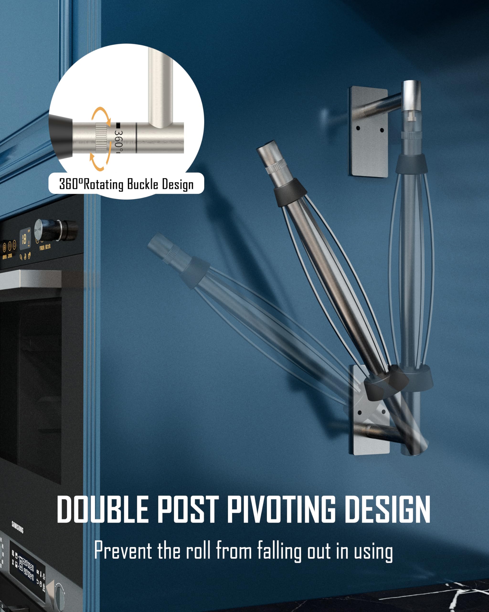 Soporte para toallas de papel debajo del gabinete, operable con una sola mano, fácil de rasgar, soporte de pared con efecto de amortiguación, autoadhesivo o perforado para cocina y baño 3
