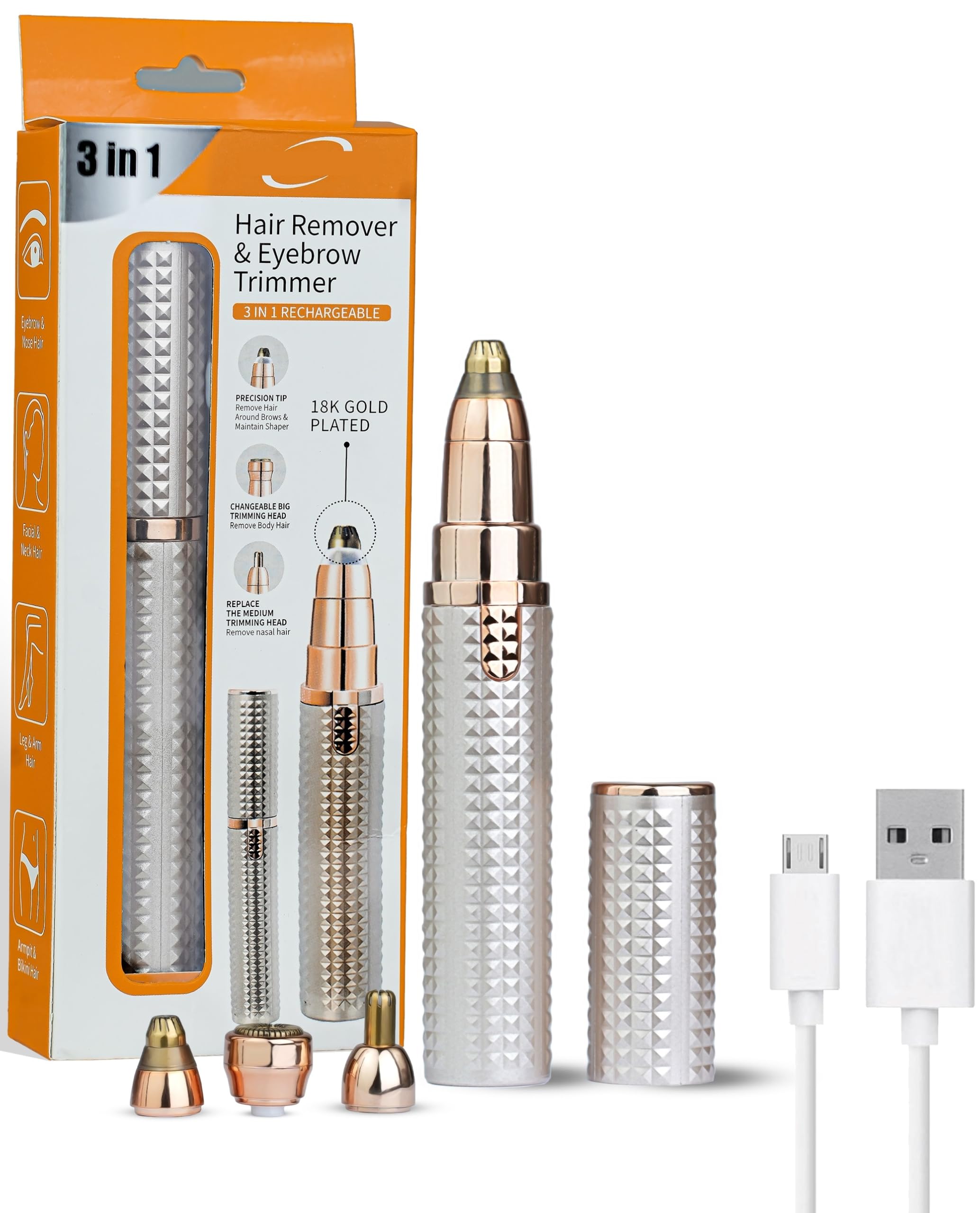 Eyebrow Trimmer for Women, 3 in 1 Rechargeable Facial Hair Remover with Replaceable Heads, Professional Painless Personal Hair Removal For Eyebrows, Upper Lips, Face, Nose, Ear Hair (Rose Gold)-image-12