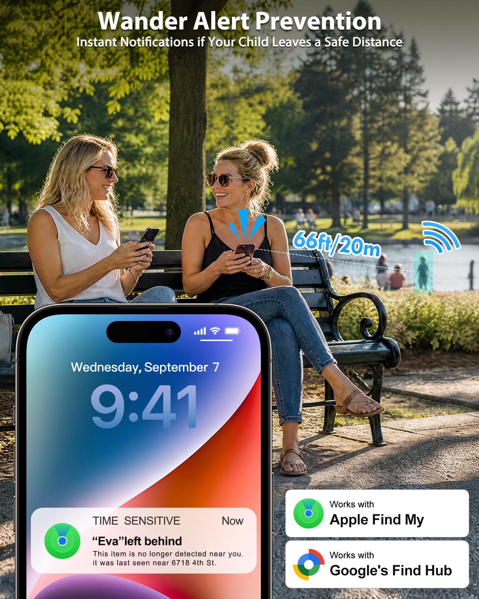 Lot de 2 traqueurs GPS cachés pour enfants, localisateur de clés, Bluetooth, avec broches, fonctionne avec Apple Find My, protection de la vie privée, mode perdu, convient pour les enfants, les