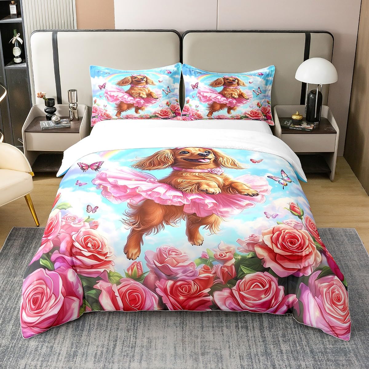 Housse de couette pour lit double en coton rose motif chien papillon sauvage ado et adulte