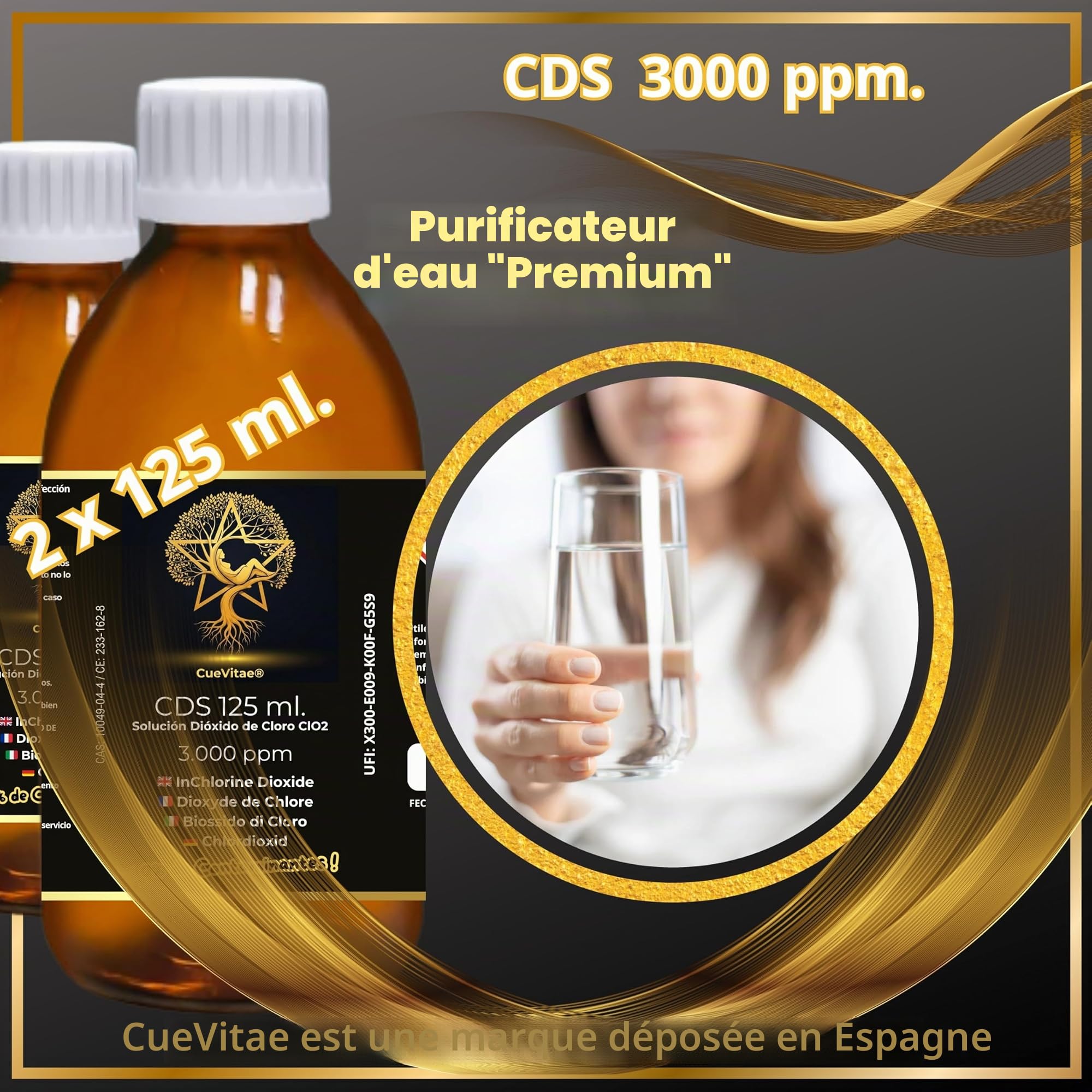 CDS 0,3% Dioxyde de Chlore | 2x125 ML | Lot 2 flacons verre ambré anti-UV avec équipement volumétrique, exclusif traitement d'eau, produit chimique technique.