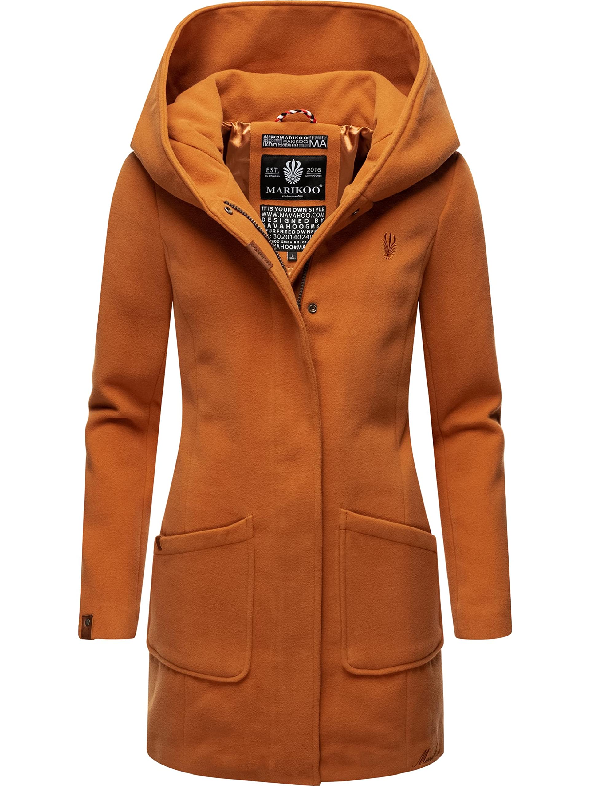Marikoo Women's Rusty Cinnamon Coat In Wool Coat Look, Warm Trench Coat With Hood Maikoo Xs-5Xl, M