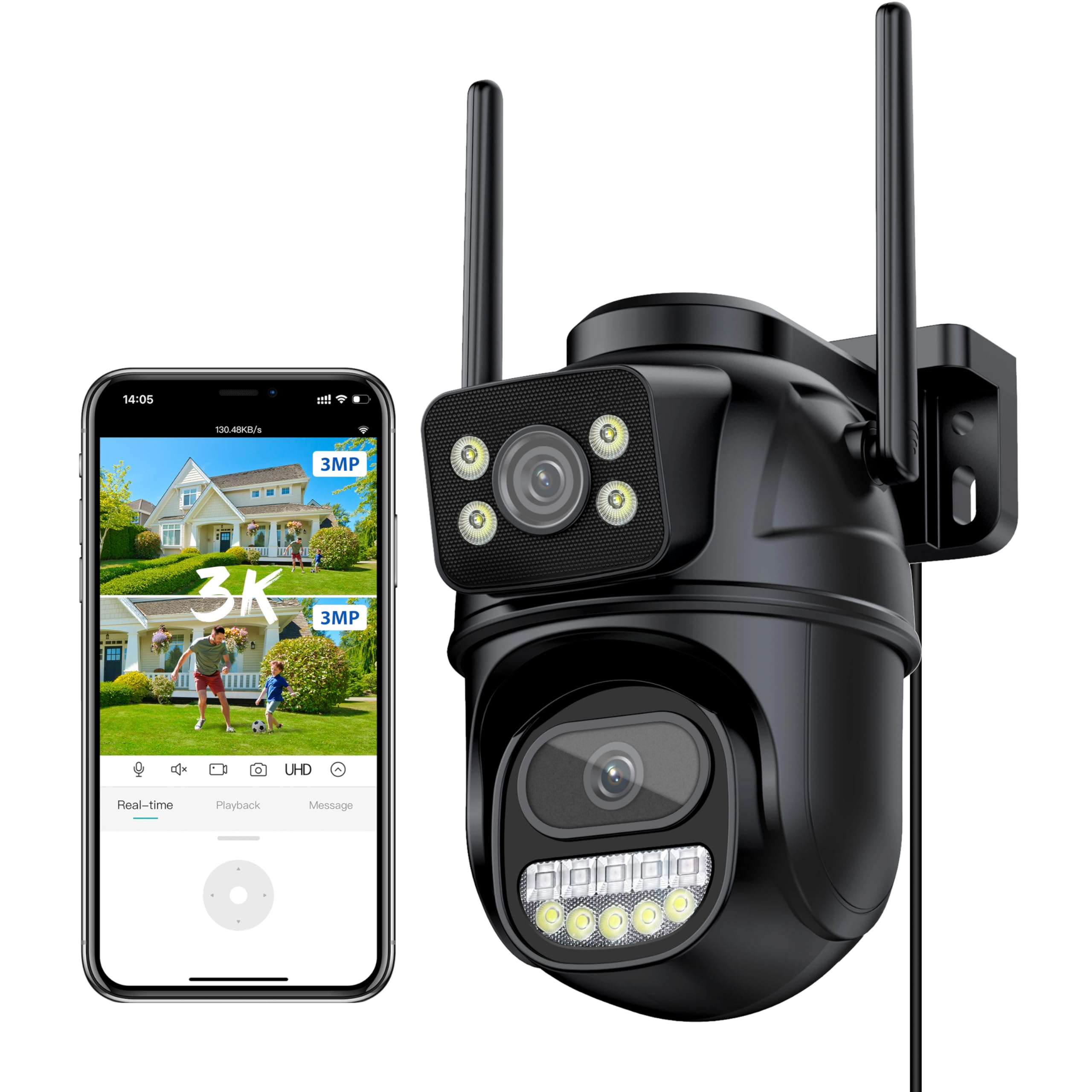 Reobiux 3K 6MP Telecamera Wi-Fi Esterno, 360° PTZ Videocamera Sorveglianza Esterno con Doppia Lente, Colori Visione Notturna, Tracciamento Automatico, Registrazione 24/7, IP66, Supporta Alexa