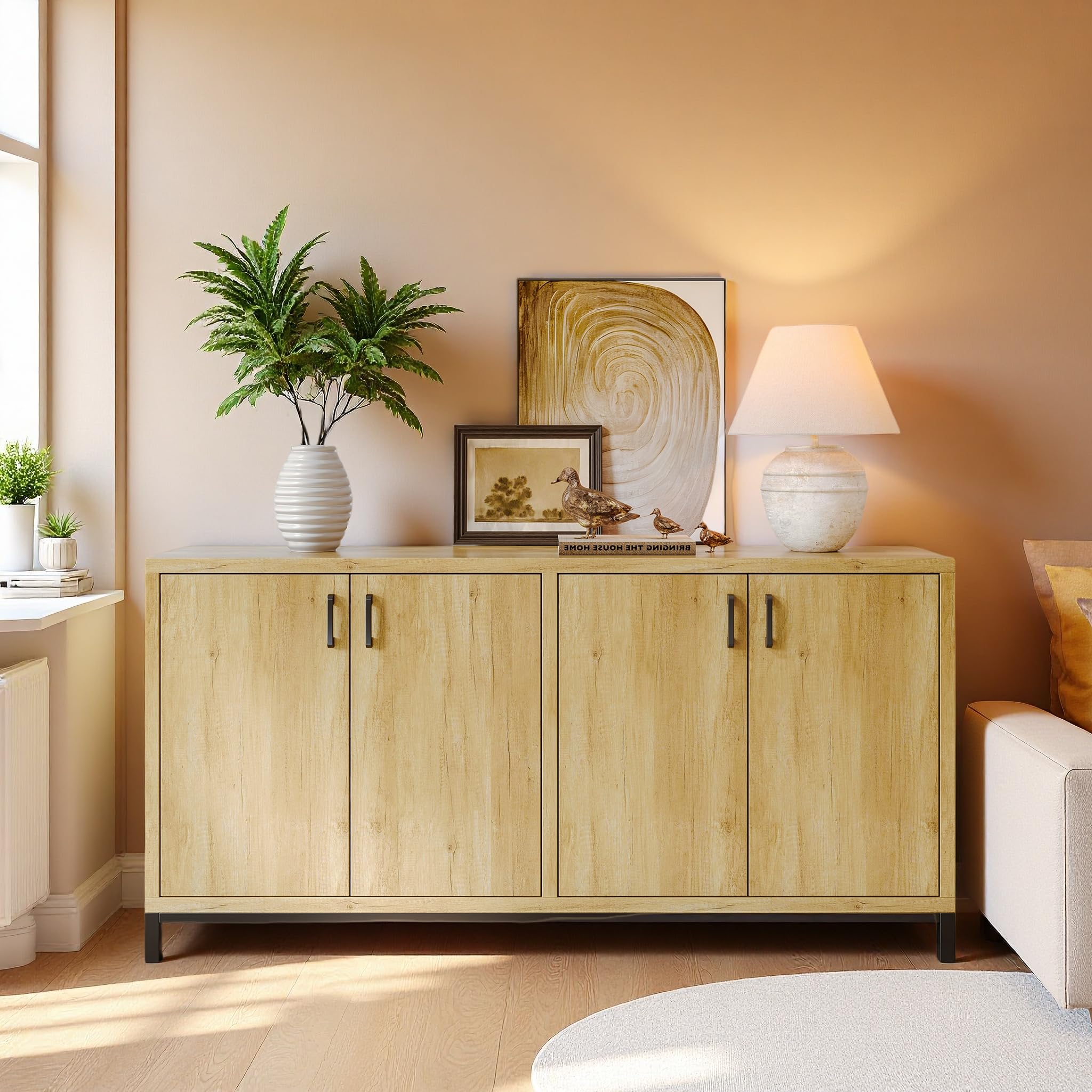 Simple Aparador moderno, cuerpo con 4 puertas, 160 cm de ancho, armario multiusos para zapatos, archivador para salón, dormitorio, 160 x 35 x 80 cm, color madera natural