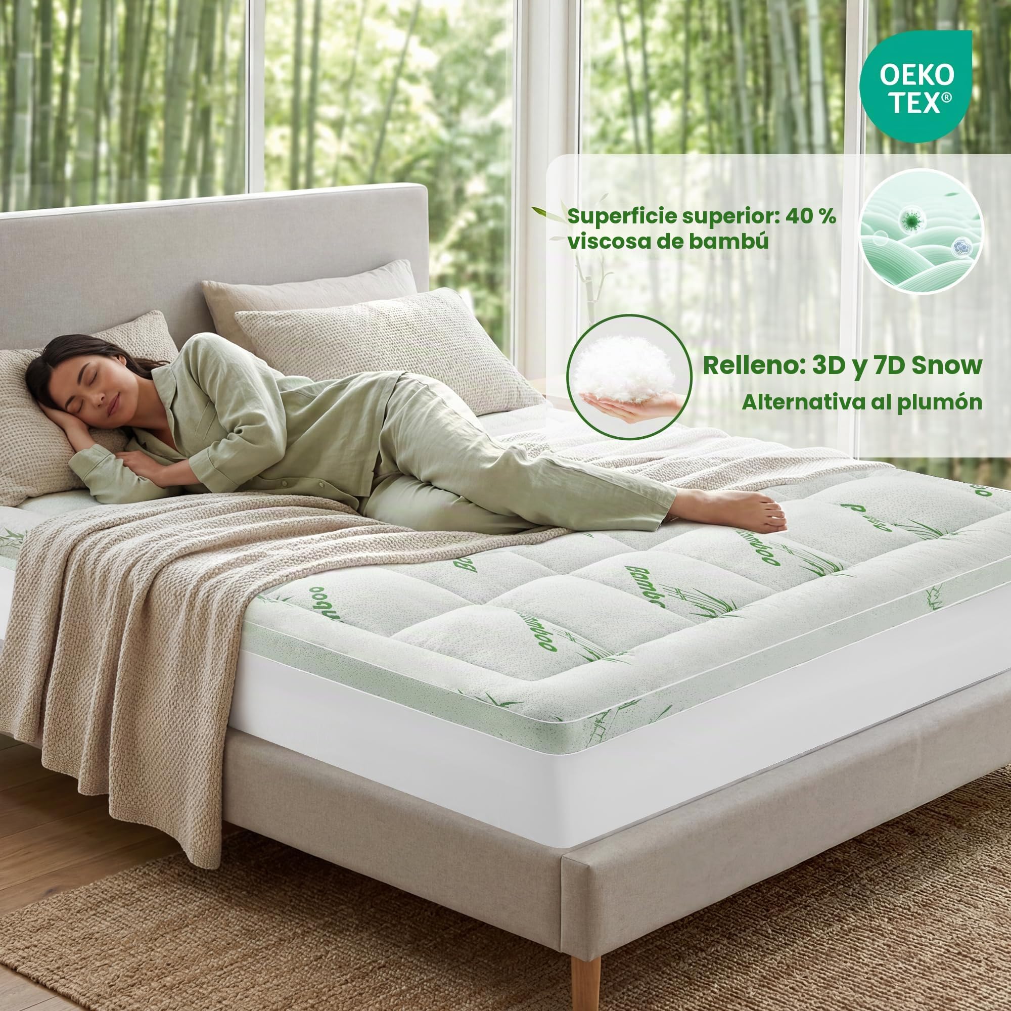 Sobrecolchón Doble de Fibra de Bambú 180x200cm, Topper Colchón 1000g/㎡