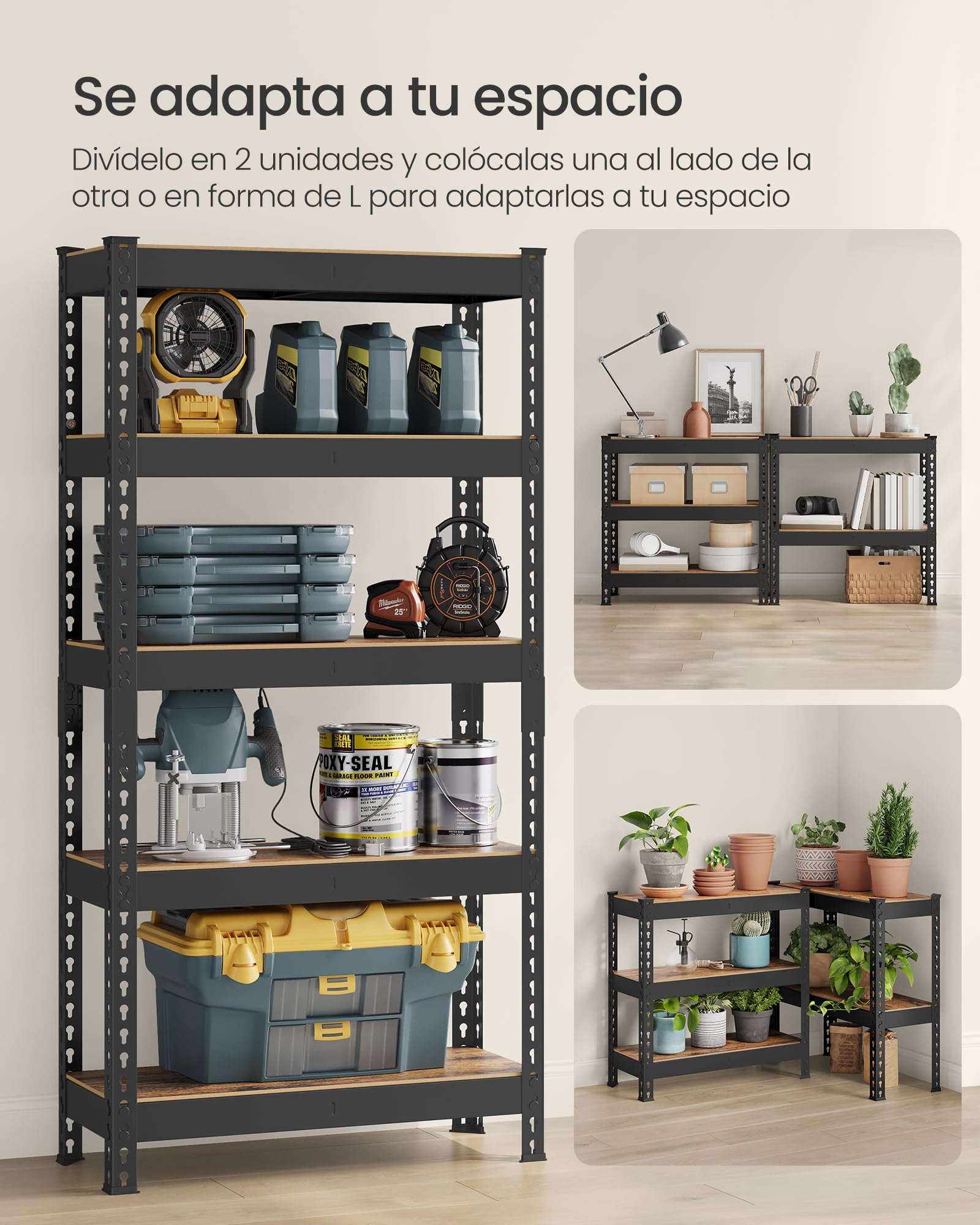 SONGMICS Estantería de 5 Niveles, estantes de Almacenamiento, para Estudio, Montaje sin Tornillos, estantes Ajustables, 30 x 75 x 150 cm, Carga de 875 kg, para cobertizo, almacén, sótano, Cocina