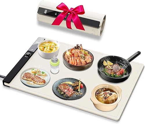 Tapete eléctrico para calentar alimentos, bandeja de calentamiento eléctrica de silicona con bloqueo para niños, temporizador, placa caliente