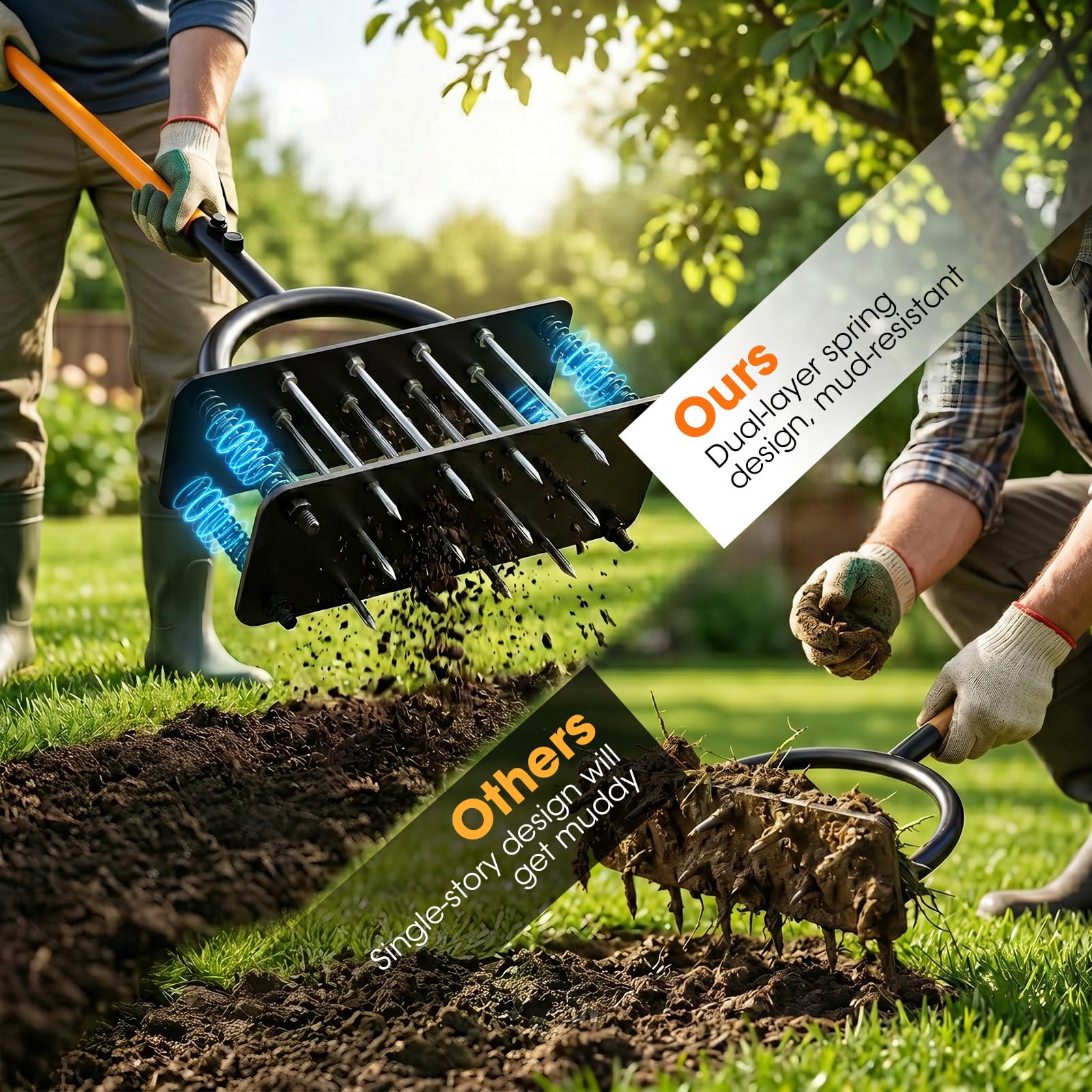 Rasenlüfter Aerifizierer für Rasen, manueller Rasenbelüfter mit 16 Metallspikes & T-Griff, für Verdichtete Böden, Garten & Rasenpflege