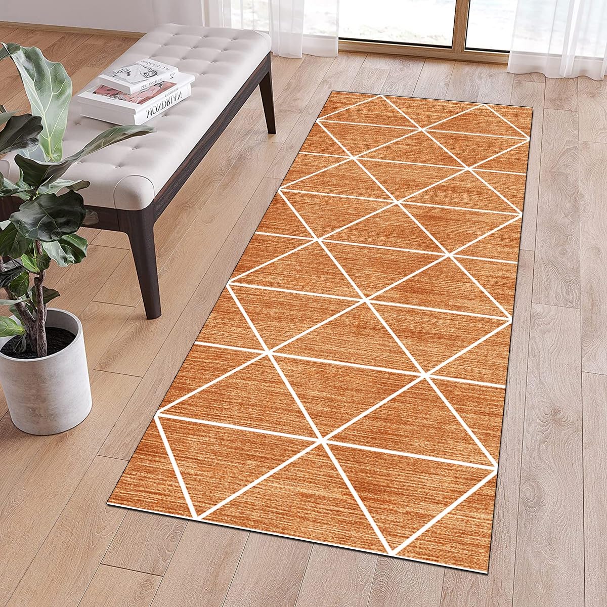 Läufer Flur Küche Teppich rutschfest Orange 50x300CM Lang Kücheläufer Waschbar Meterware Modern Teppichmatten Korridor Polyester Wohnzimmer Schlafzimmer 40-120cm Breit, Anpassbare Größe