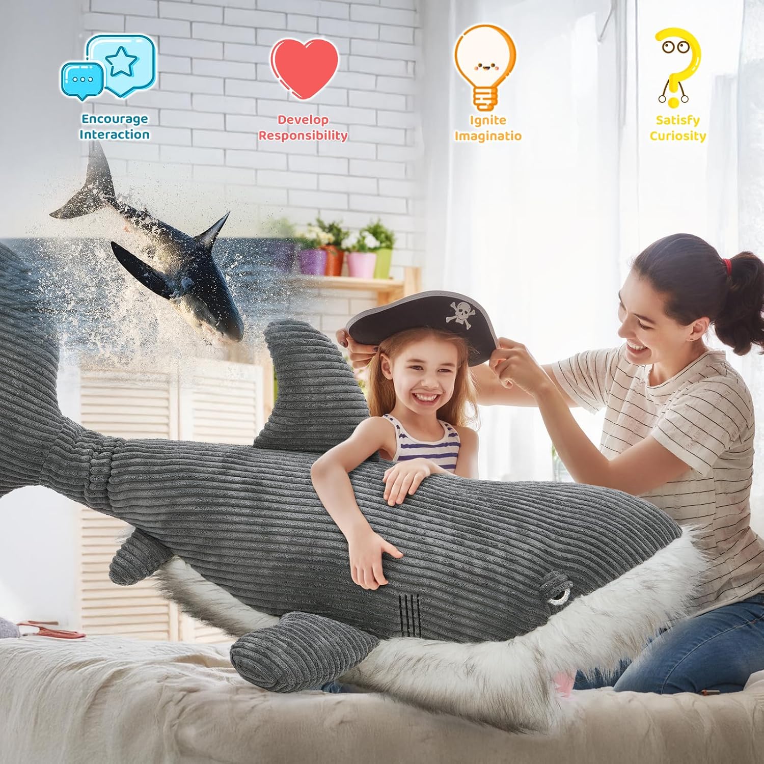 MorisMos Great White Shark Stuffed Animal Plush Pillow, 47" Giant Mako Shark Toy for Kids, Adults,4ft Large Ocean Animal Gift for Marine Creature Lovers, Sea Life Decoration for Room, CE/CPC Certified