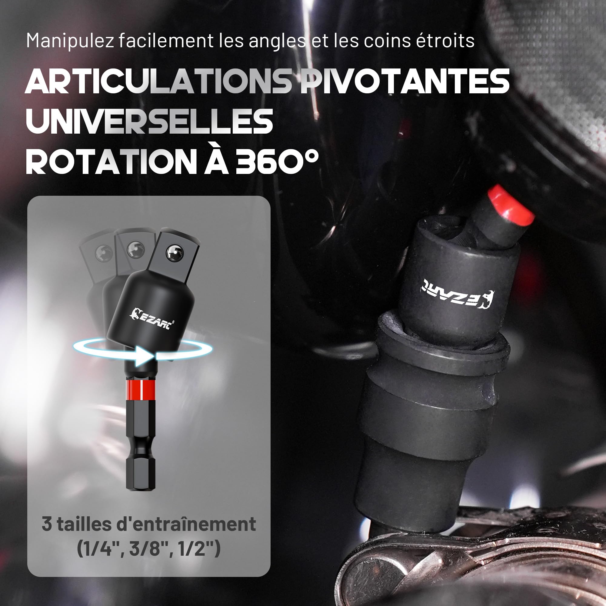 EZARC Ensemble de 14 pièces d'adaptateurs de douille, adaptateurs pour visseuse à choc 1/4", 3/8", 1/2", prolongation à déverrouillage rapide, support à aimant pour embouts et visseuse d'angle à 105°