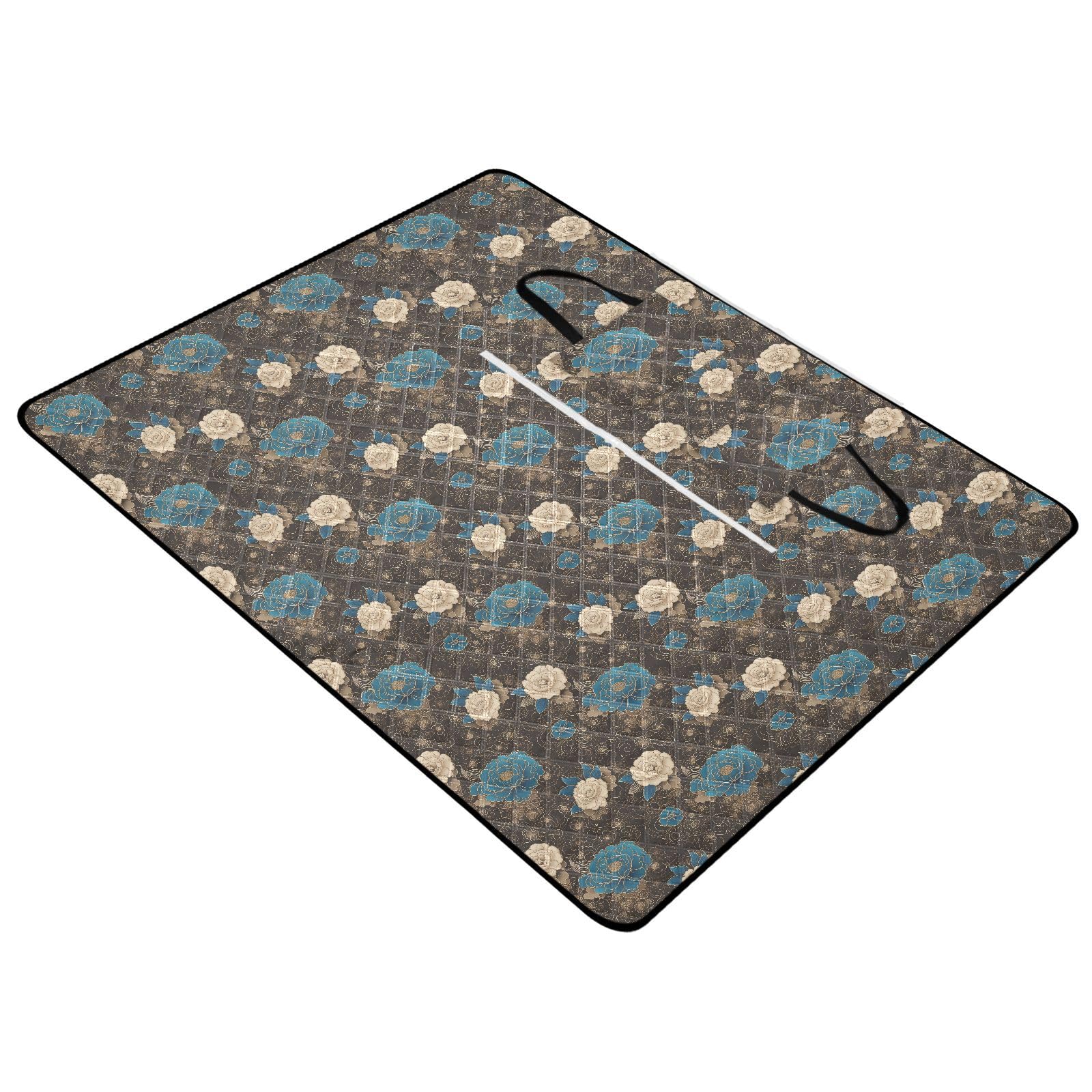 Accessori Spiaggia Erba Pieghevole Campeggio Coperta Packable per Outdoorsy Persone Picnic Articoli Peonia Cinese Floreale Oro Teal Nero estera de Playa
