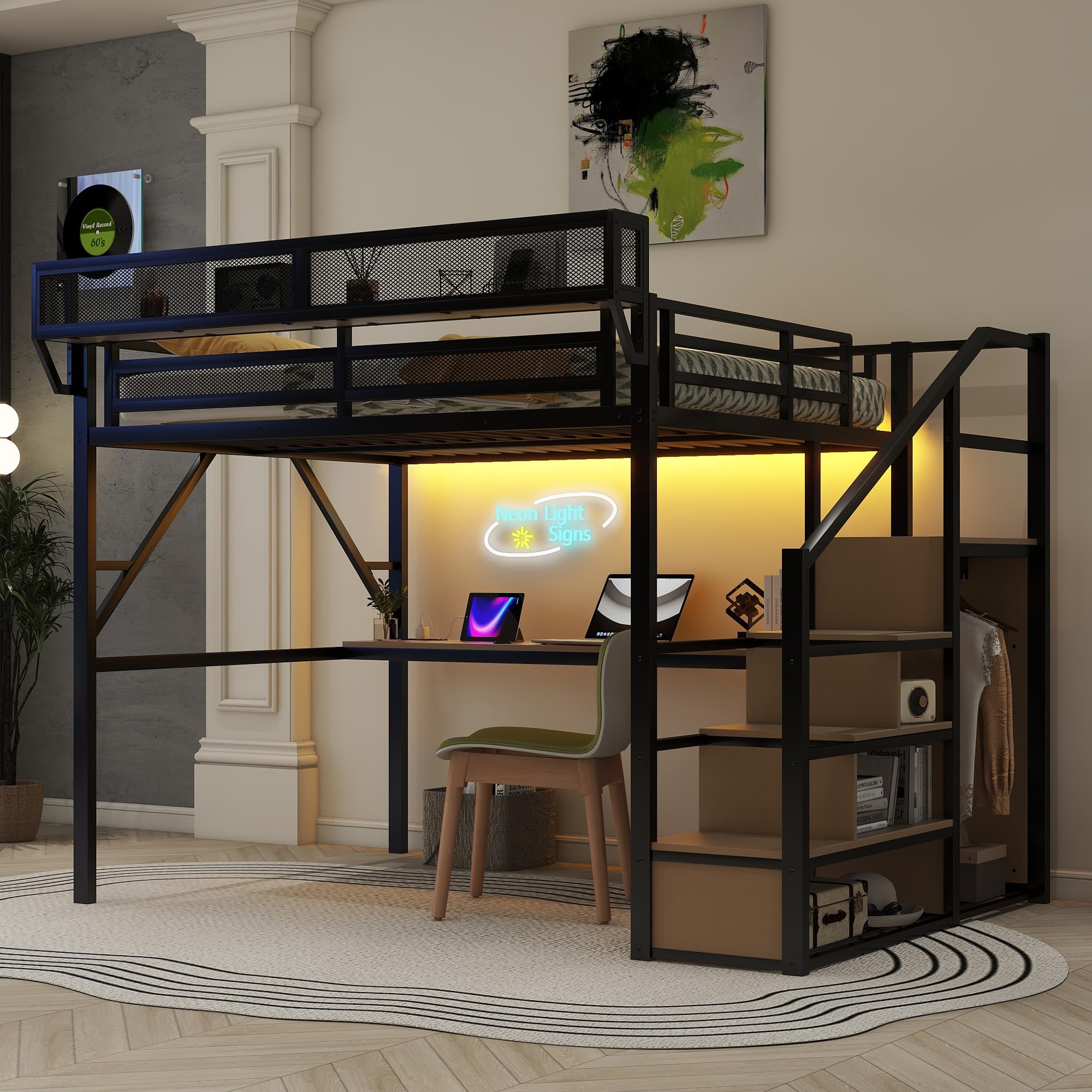 Duxelifin Queen Size Loft Bed with Stairs and Desk, Heavy Duty High Loft Bed Queen with Storage, Upper Shelf and Wardrobe for Kids Teens, Adults Teens