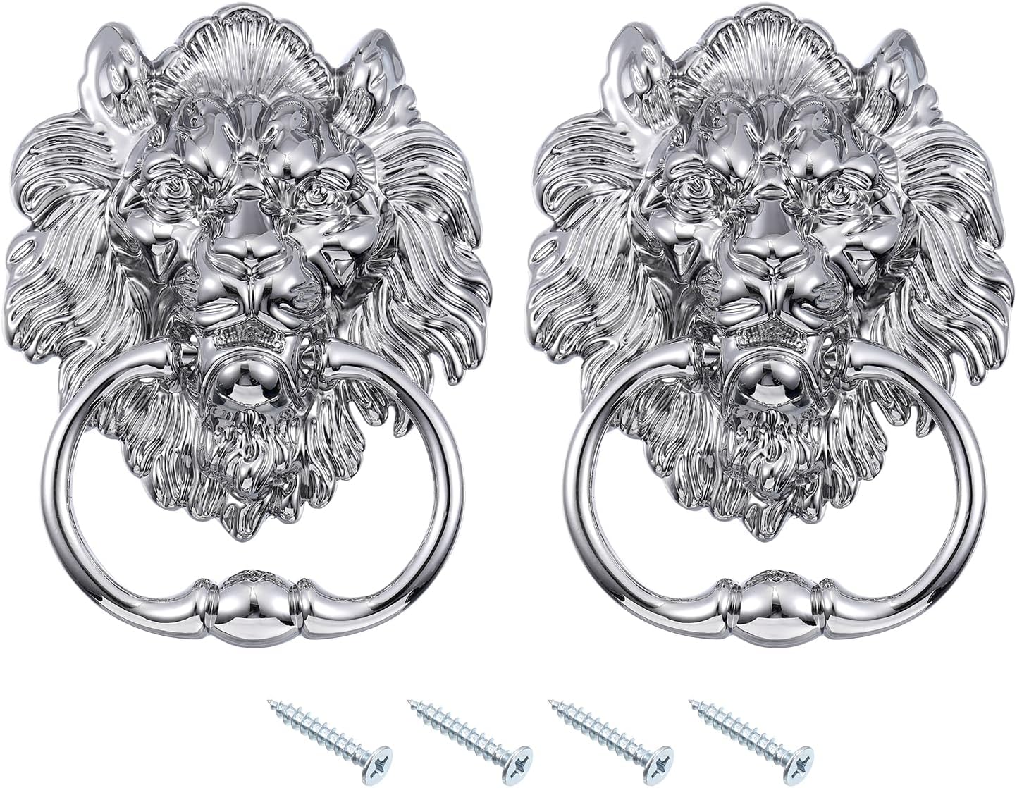 uxcell 2 Pcs Lion Head Pulls Knob, 6 Inch Zinc Alloy Vintage Lion Door Handle Decorative Front Door Knob Ring Pull Handle for Gate Cabinets Drawers, Silver
