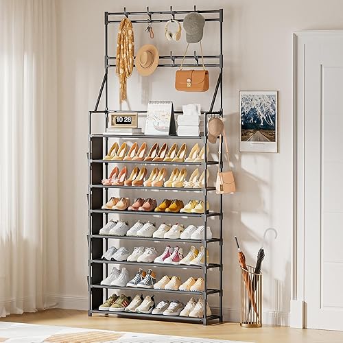 Miniatura 6 de OYREL Zapatero de 8 niveles grande organizador de zapatos de almacenamiento 32-40 pares de almacenamiento de zapatos de metal con ganchos y bolsillo