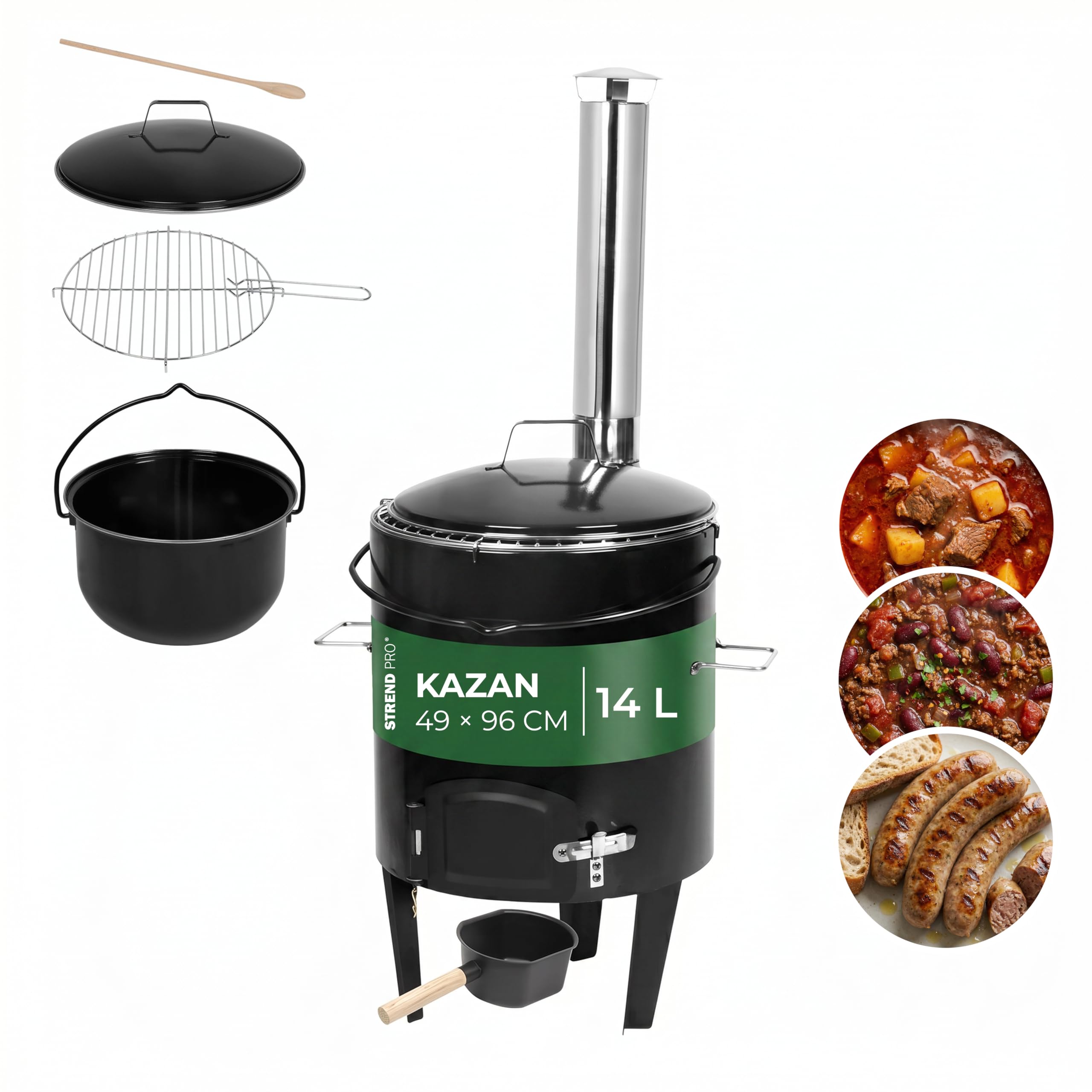 STREND PRO Gulaschkanone 14 Liter Komplett-Set emaillierter Gulaschkessel Outdoor Gulaschkocher für Holzfeuer Edelstahlkamin