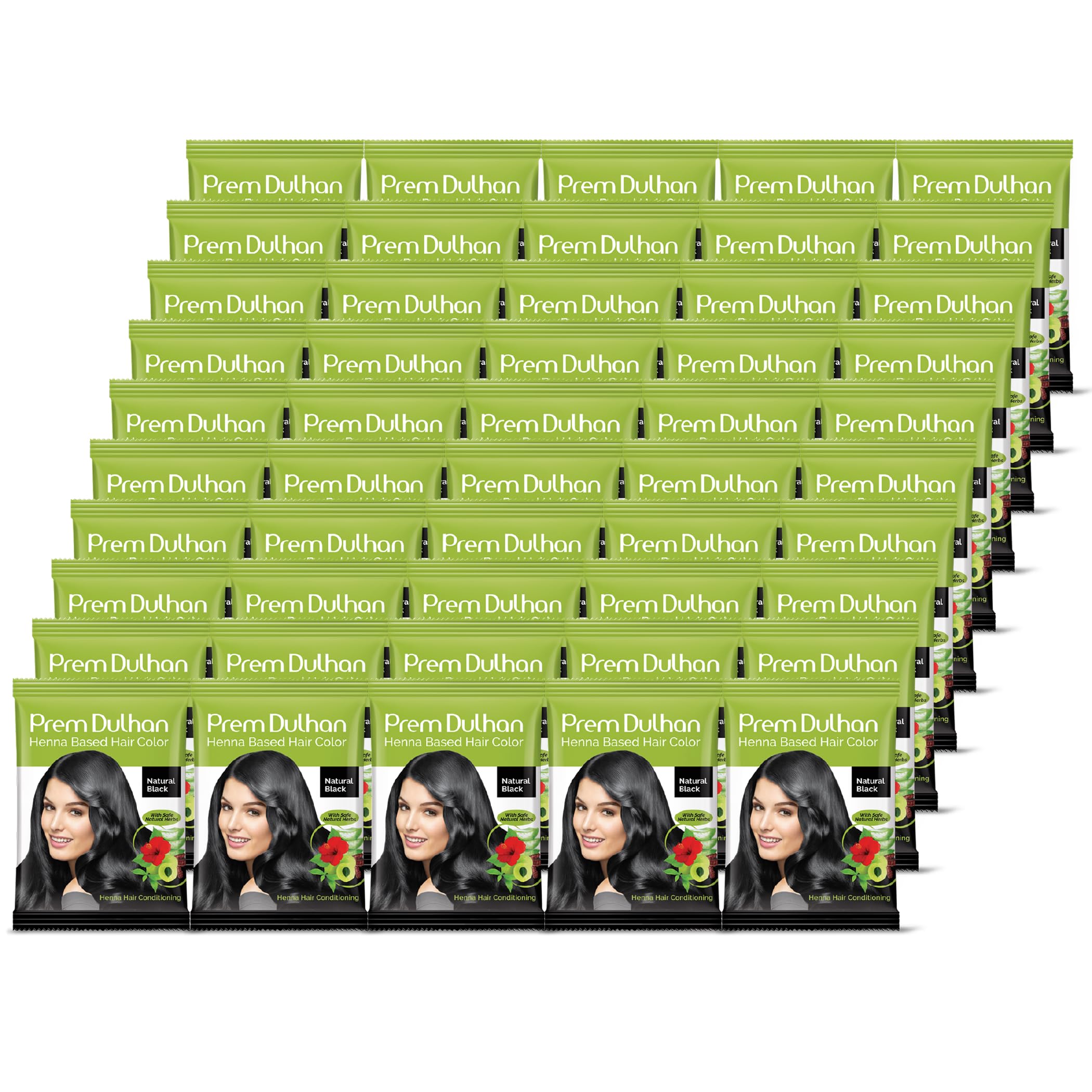Prem Dulhan Natural Henna Hair Color for Vibrant & Long-Lasting Results Natural Black Shade Ammonia-Free Coloring, Sachets (10 g/0.35 Ounce (Pack of 50))