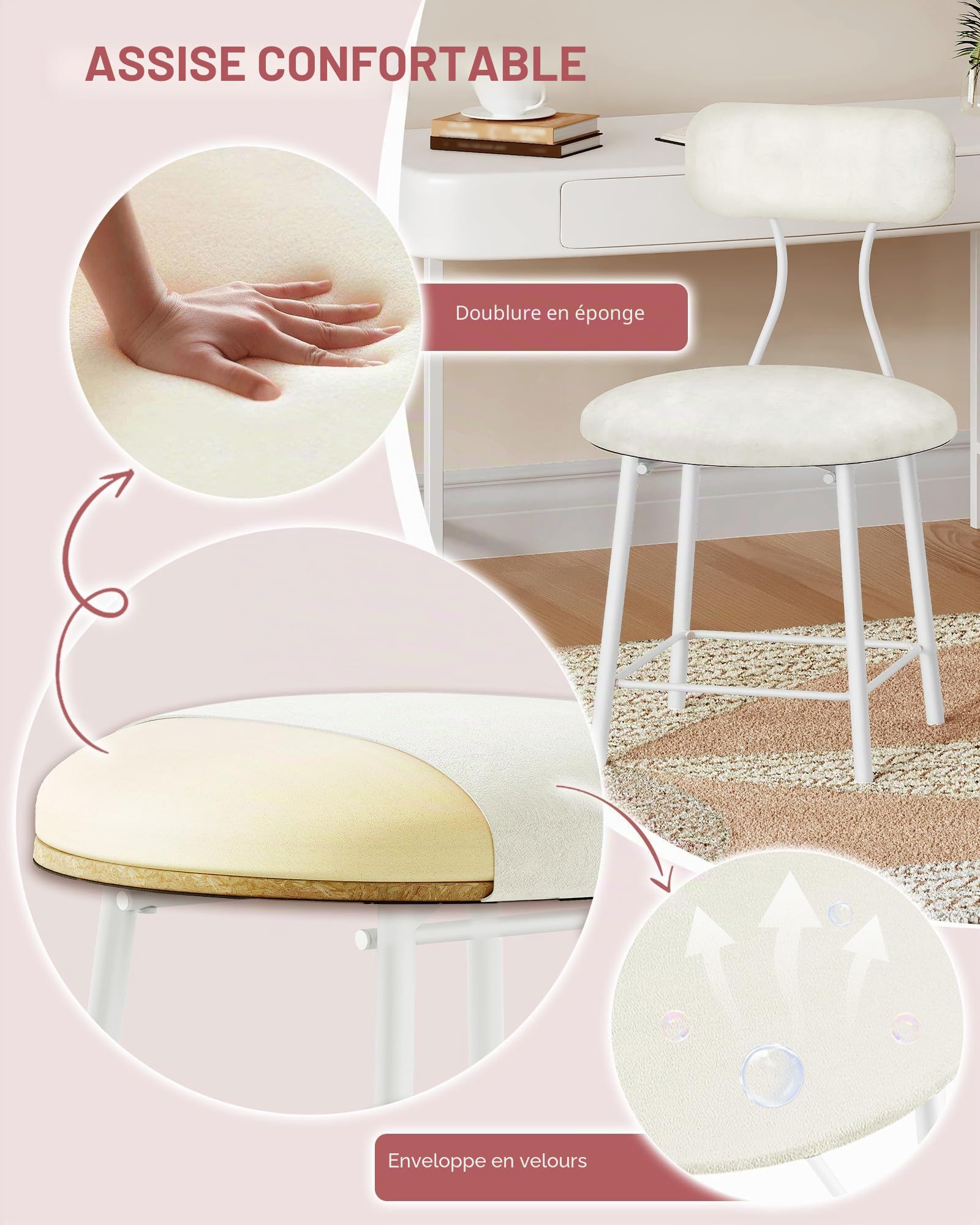 Hzuaneri Tabouret de Coiffeuse, Auteuil de Maquillage Rembourré, Tabouret à Chaussures, Convient aux Chambres et aux Entrées, Blanc VS32603X