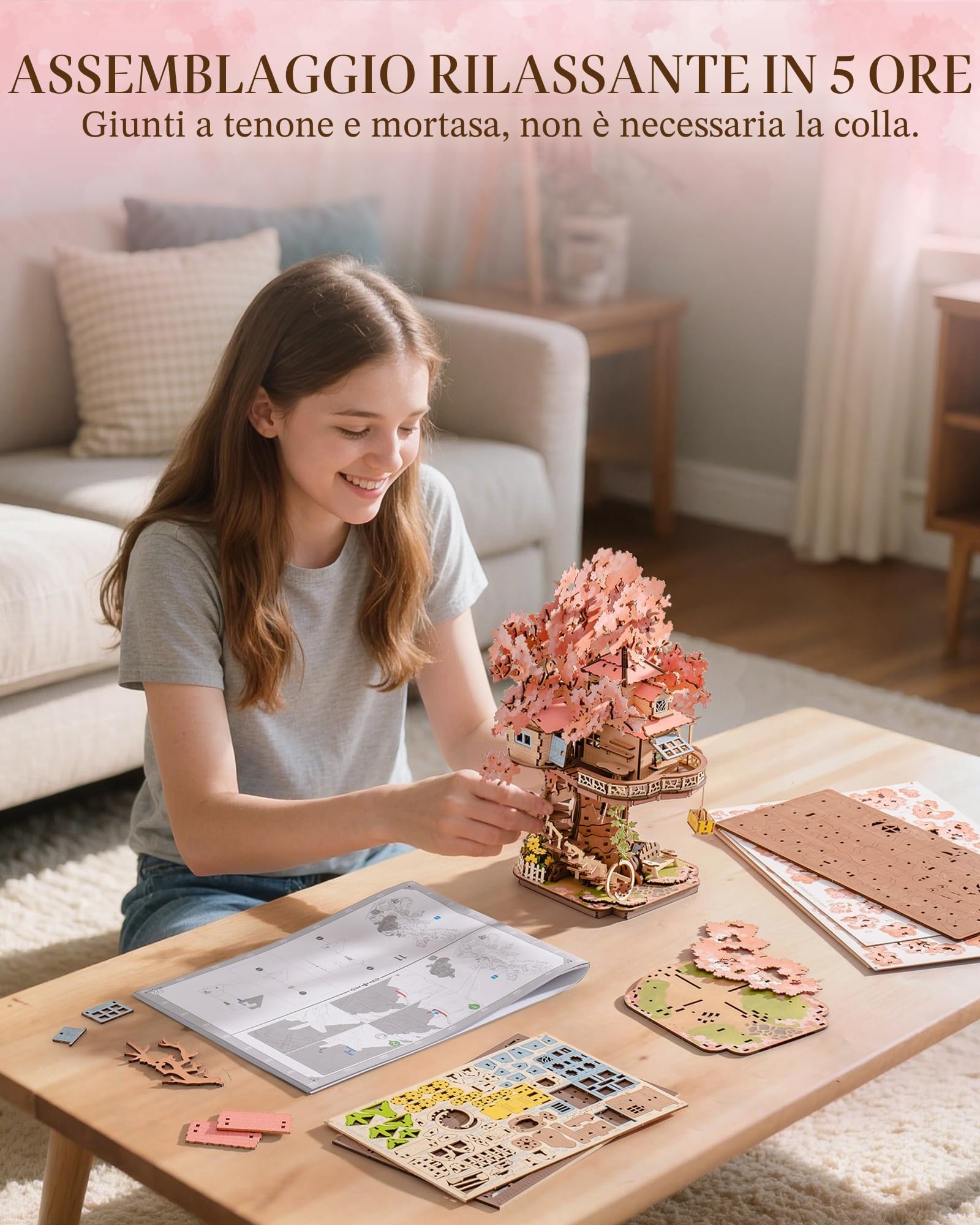 Rolife Puzzle 3D in Legno Casa sull’Albero di Sakura Miniatura Kit Modello Puzzle 3D in Legno per Adulti da Costruire Decorazione per Casa o Libreria Regalo di Compleanno