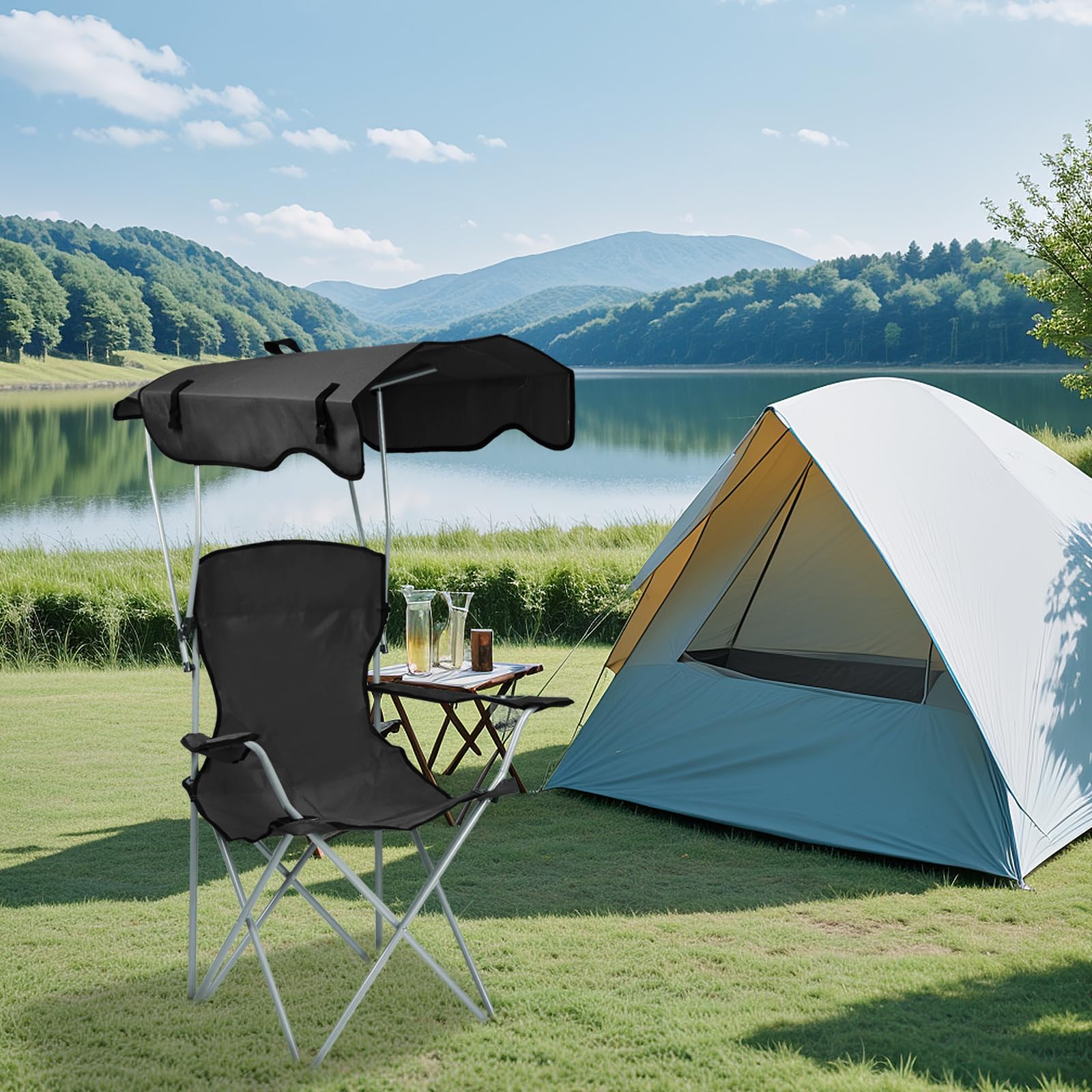 Chaise Pliante Camping Fauteuil Pliable Chaise de Plage Ultra léger avec Porte Gobelet et Sacs de Transport, Parasol, Idéal Voyages, Pêche, Festival, Camping, Plage (Noir)