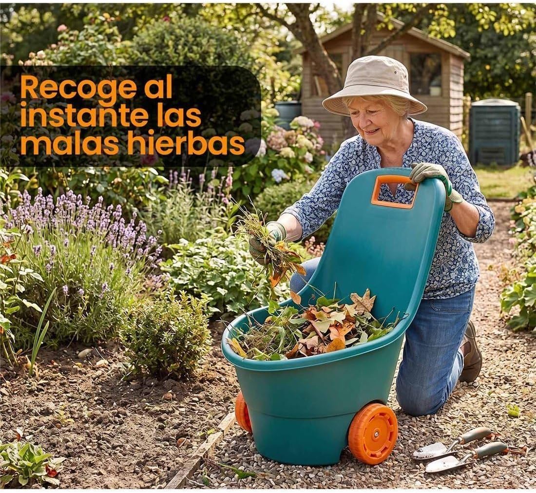Carro de Jardín con Ruedas, Verde y Naranja, Polipropileno, 68 litros, Todo Terreno, Ergonómico, 84x49x46 cm TB Thayba