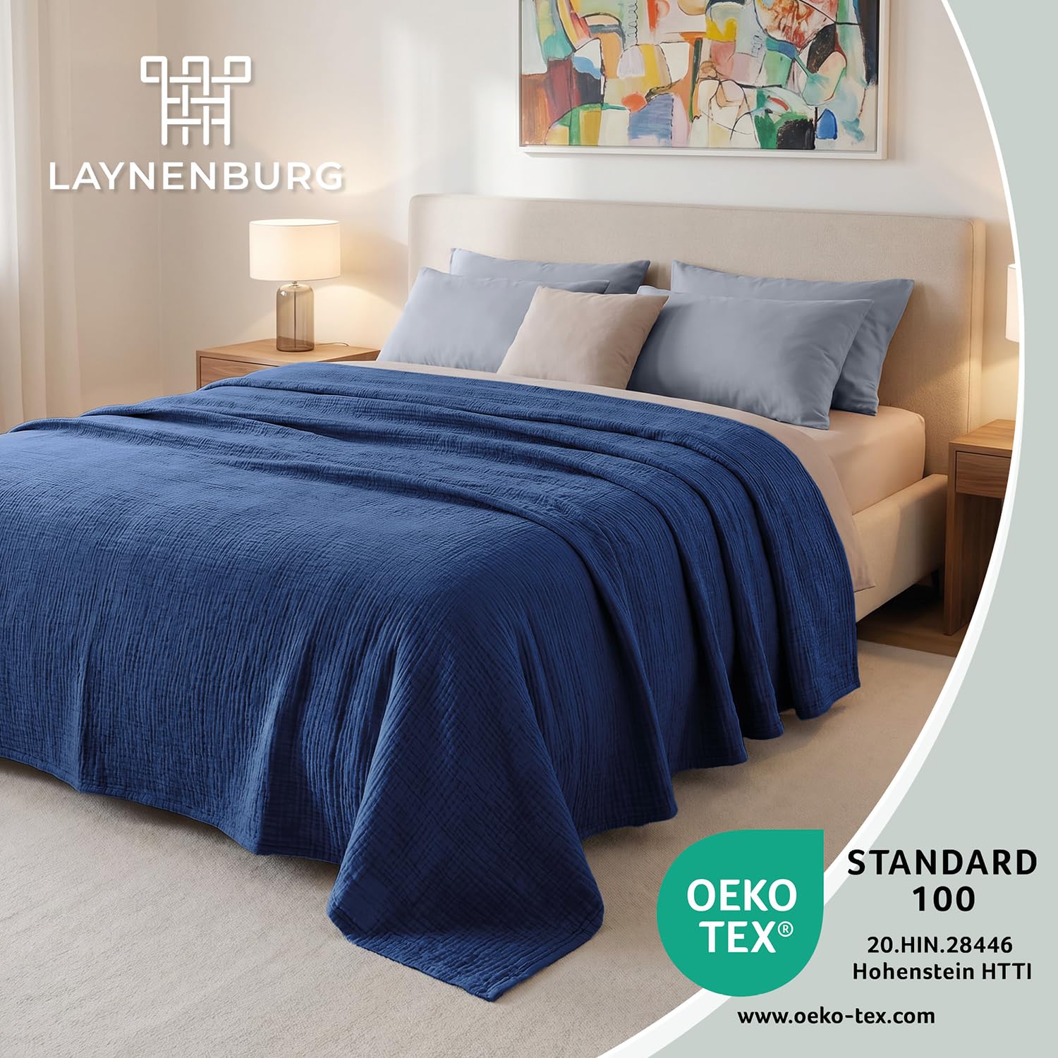 LAYNENBURG Copriletto in mussola Premium 180 x 220 cm - 100% cotone - coperta in cotone extra morbida come coperta accogliente, copriletto, copridivano, copridivano (blu)