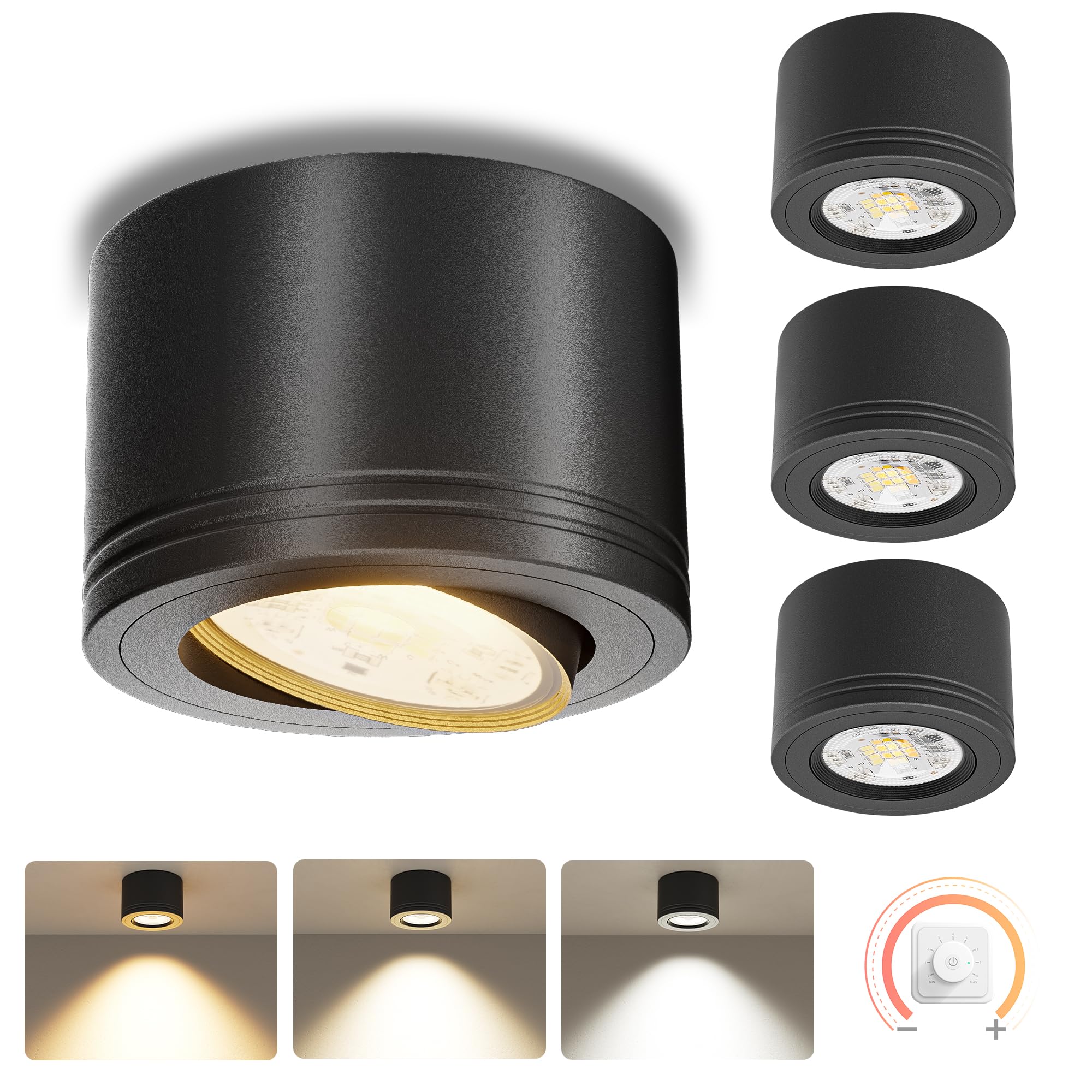 LAMPELIP 4x LED Aufbauspots Dimmbar 230V – 3 Farbtemperaturen 2700K/4000K/5700K – Extra Flach Ø80×50mm, 30° Schwenkbar, inkl. 5W LED Modul – Aufputz Deckenspots Schwarz