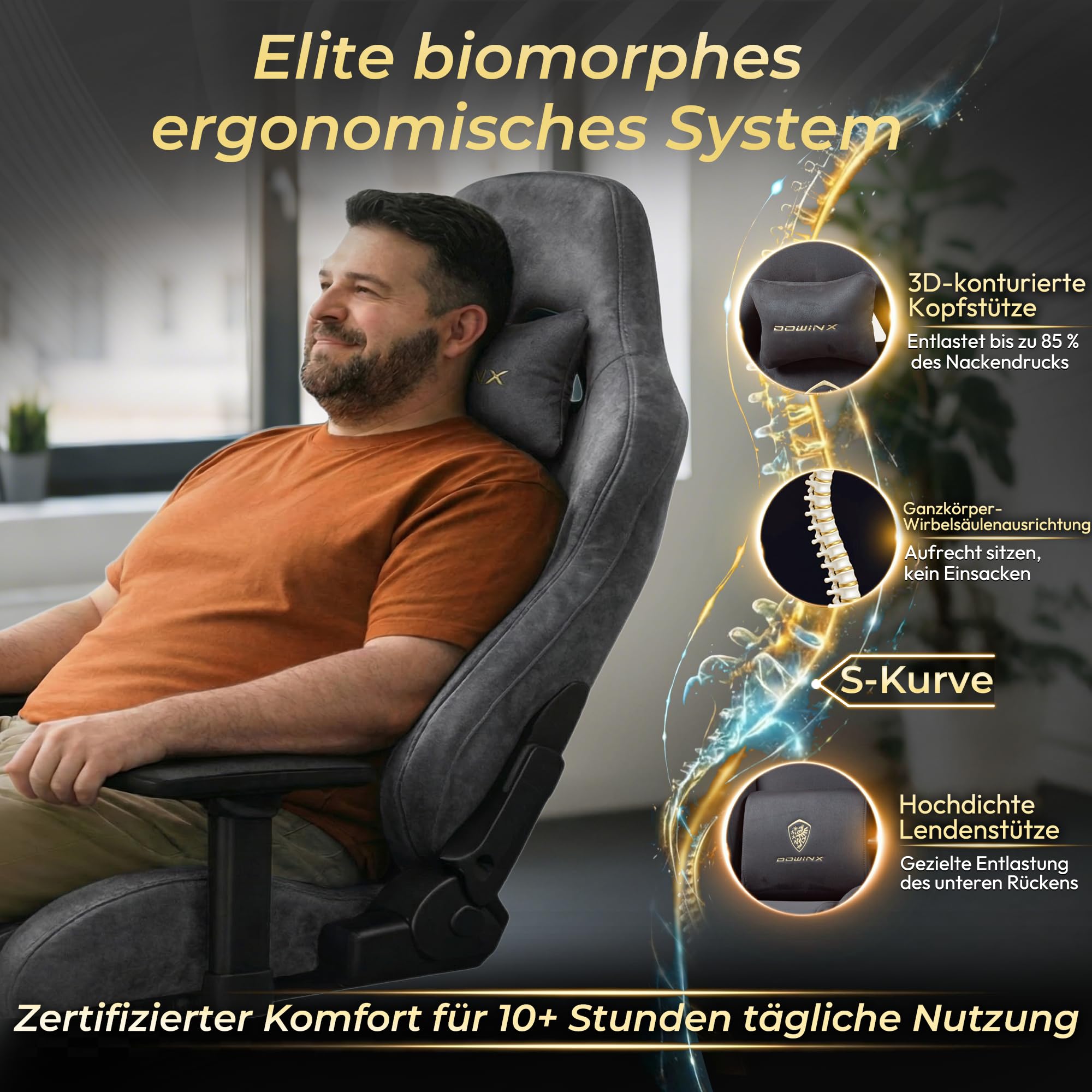 Dowinx Gaming Stuhl,Ergonomischer Wildlederimitat Gamer Chair,Gaming Sessel,Verstellbar Fußstütze und 3D Armlehnen,200KG Tragkraft Bürostuhl mit Geräuschlose Rollen,Schreibtischstuhl,Grau