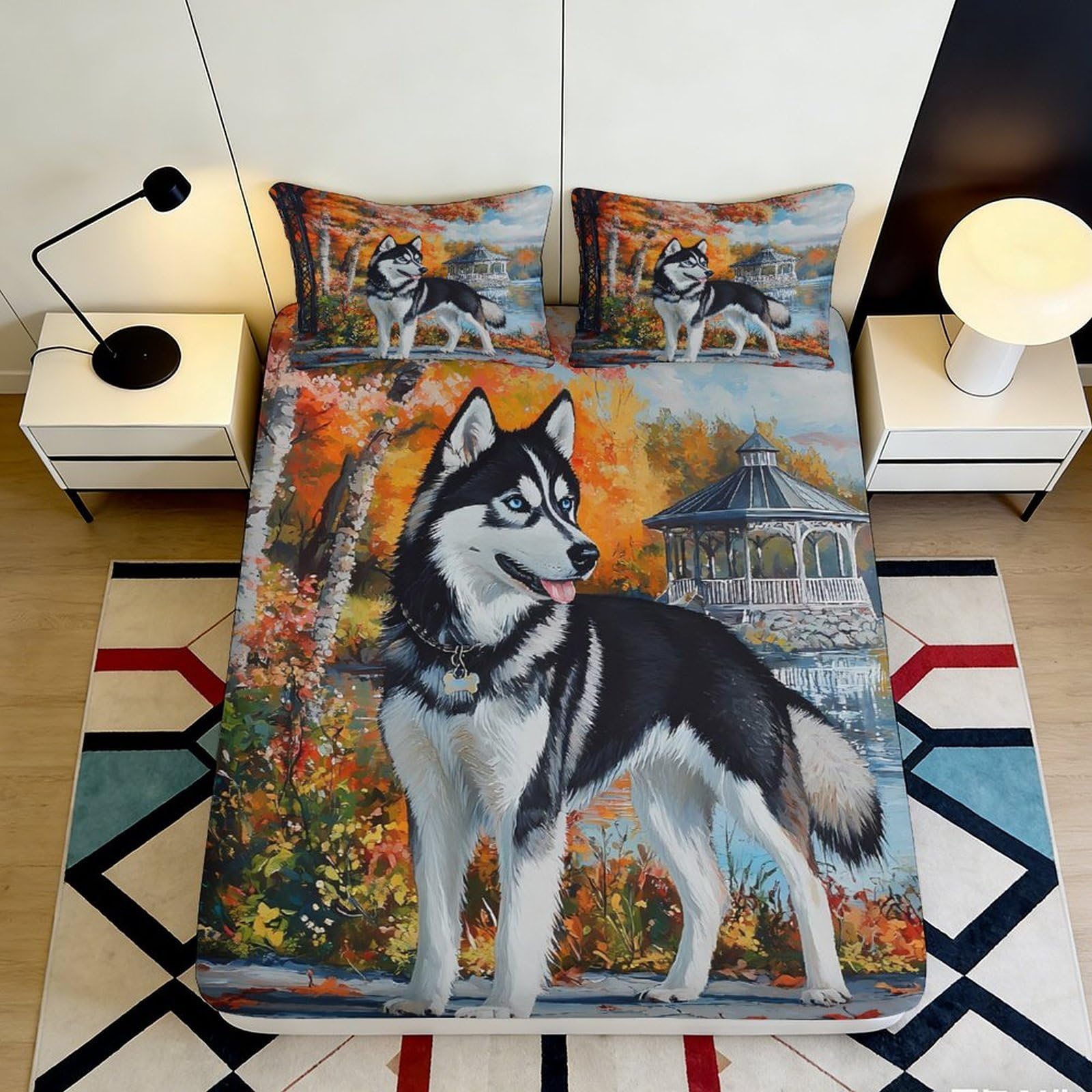 3D Printed Husky Autumn Forest Fitted Sheet Microfiber Soft Mattress Cover for Bedroom Dorm Room Decor 180x200x25cm