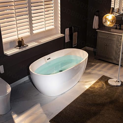 Miniatura 4 de WOODBRIDGE Bañera de acrílico independiente de 59 pulgadas, bañera blanca de remojo contemporáneo con desbordamiento y drenaje de níquel cepillado,