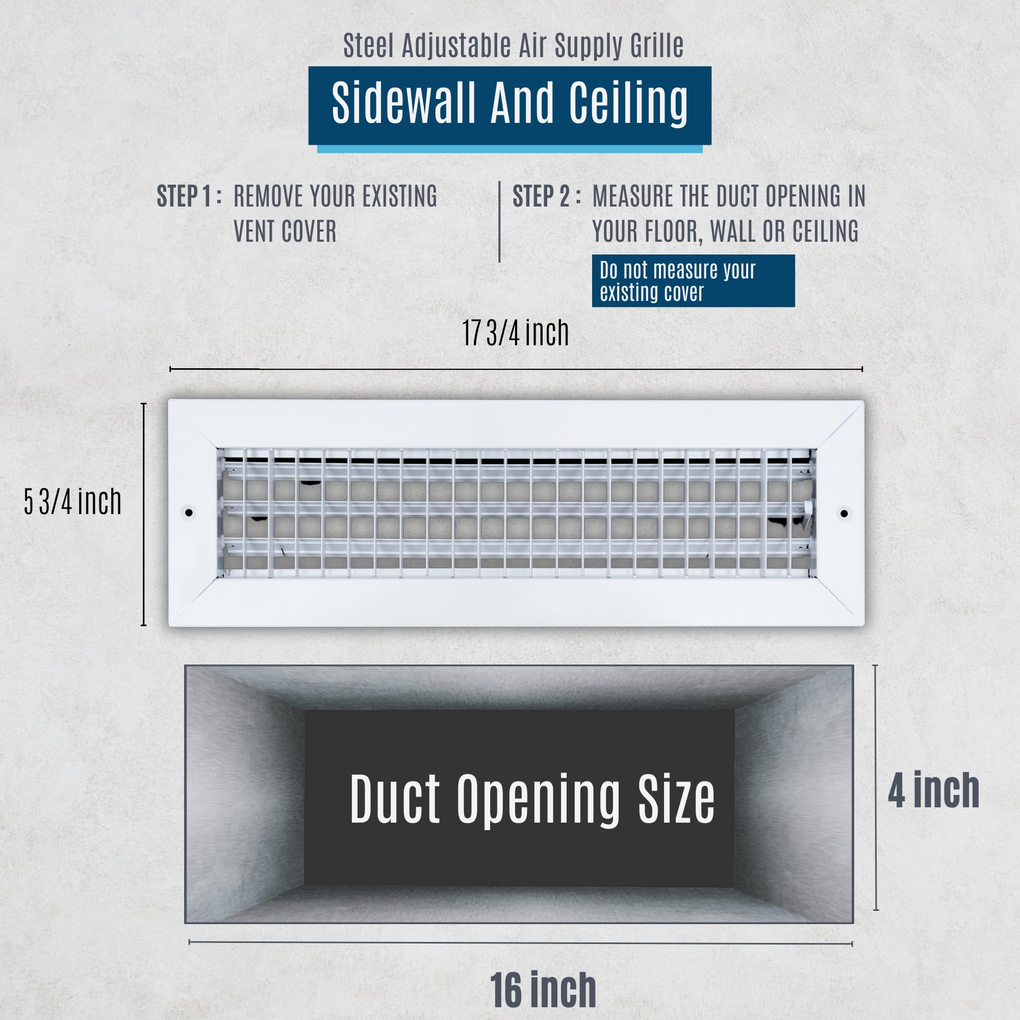 Handua 40,6 cm (l) x 10,2 cm (H) [Taille de l'ouverture du conduit] Grille d'alimentation en air réglable en acier | Grille d'aération pour paroi latérale et plafond | Blanc | Dimensions extérieures