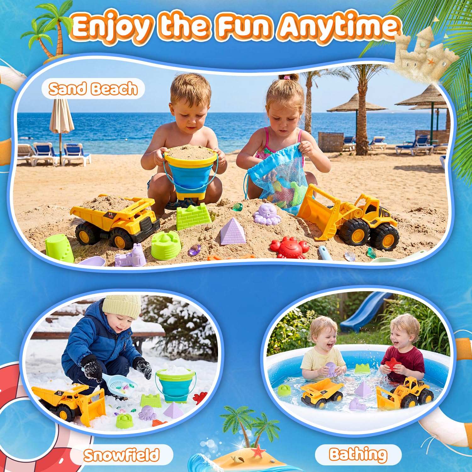 UBeesize 37 Stück Sandspielzeug, Sandkasten Spielzeug mit 2 Faltbarer Eimer Kinder Strandspielzeug Junge Mädchen mit Netztasche Set, 2 Lastwagen und Sandsieb Reise Sandspielzeug Bauen und Schatzsuche