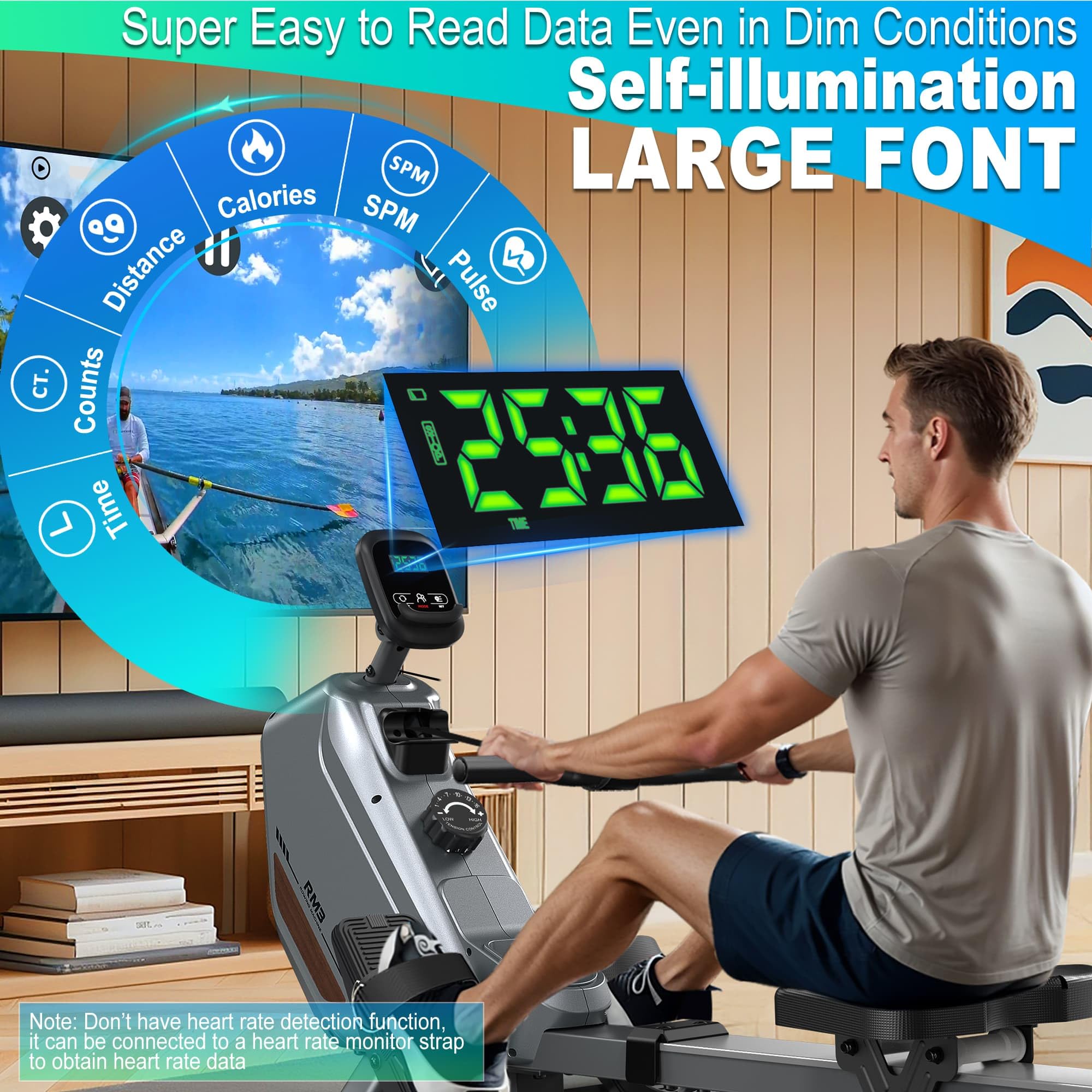 ORISYN Vogatore per casa con resistenza magnetica regolabile, vogatori con computer di bordo Bluetooth, portata 170 kg